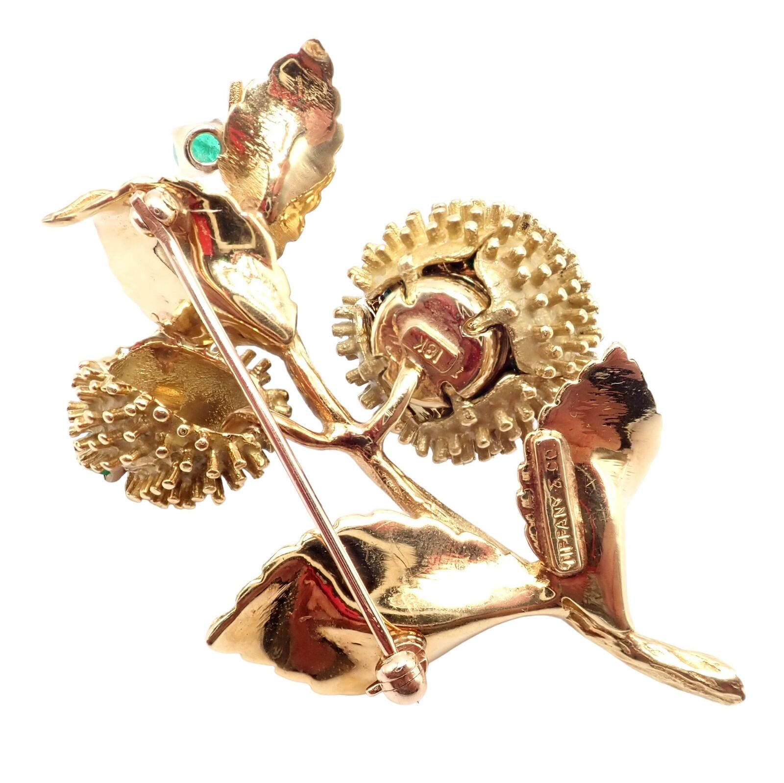 Tiffany & Co 18k Yellow Gold Diamond and Emerald Flower Night & Day Brooch Pin - Vintage Luxury Jewelry for Women, Perfect for Special Occasions & Evening Events