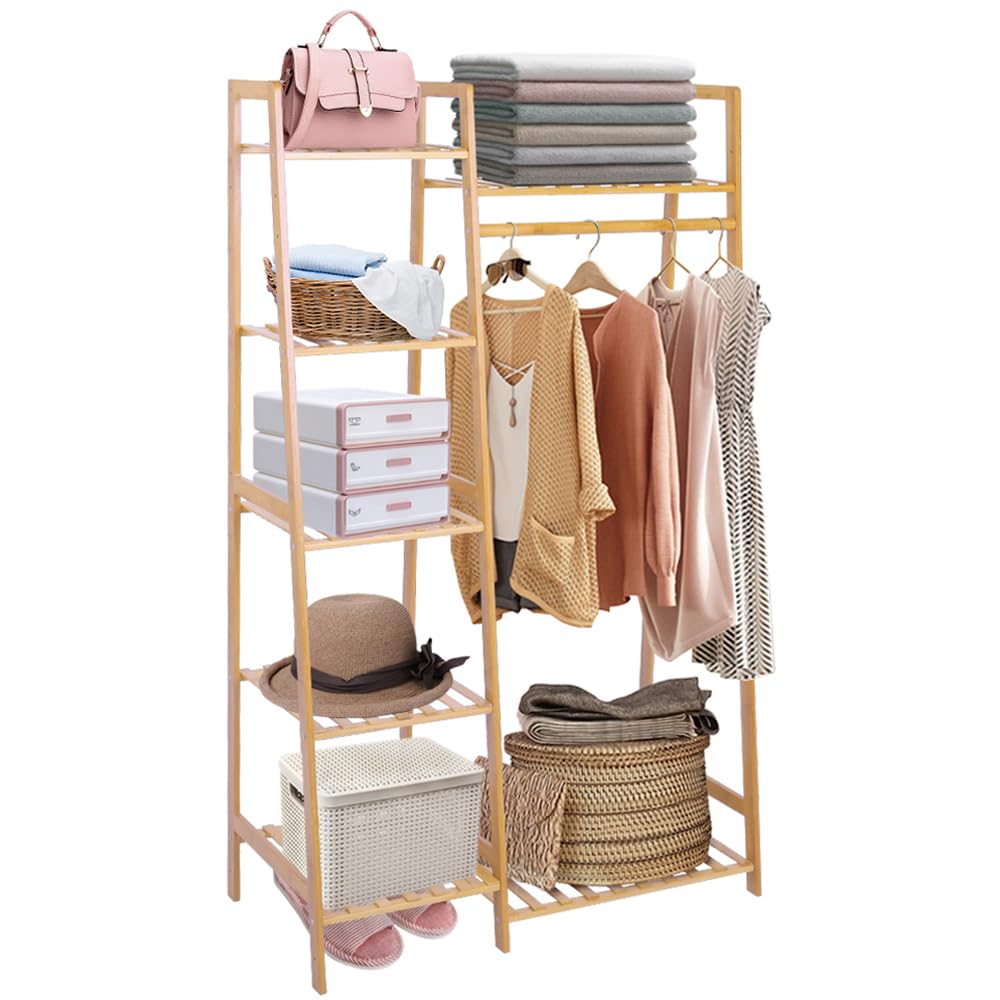 Ufine 7-Tier Bamboo Garment Rack - Heavy Duty Clothing Storage Shelves & Hanging Organizer | Minimalist Wardrobe Solution for Bedroom, Closet & Laundry Room Organization