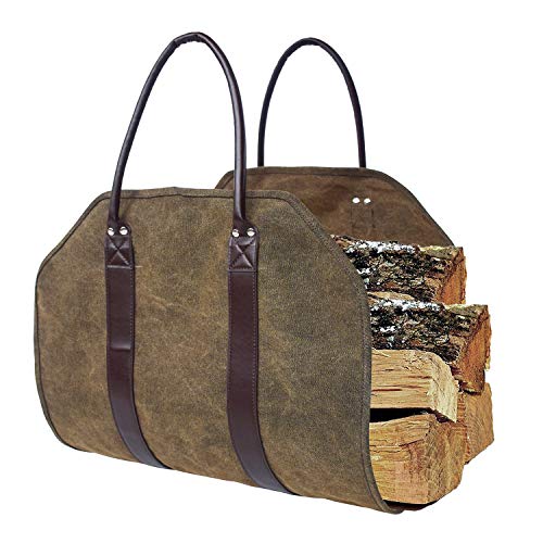 Heavy Duty Waxed Canvas Firewood Log Carrier Tote Bag - Durable Firewood Holder for Indoor Fireplace, Outdoor Camping & Wood Stove Accessories - Perfect for Hauling Firewood, Kindling & Hay