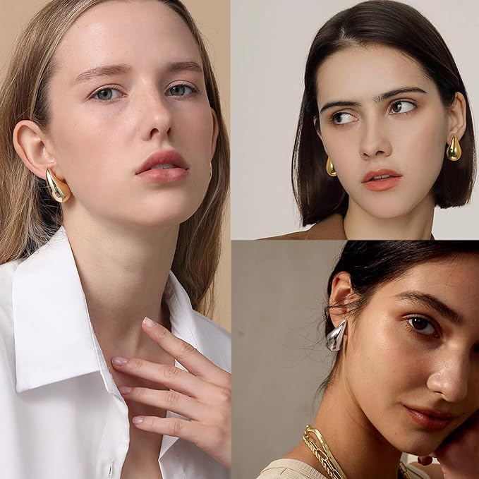 2 Pair Bottega Teardrop Gold Hoop Earrings for Women - 18K Gold Plated/Silver Chunky Hoop Earrings | Lightweight Dangle Earrings, Hypoallergenic Nickel-Free Trendy Jewelry Set | Perfect for Parties, Weddings & Everyday Fashion Accessories