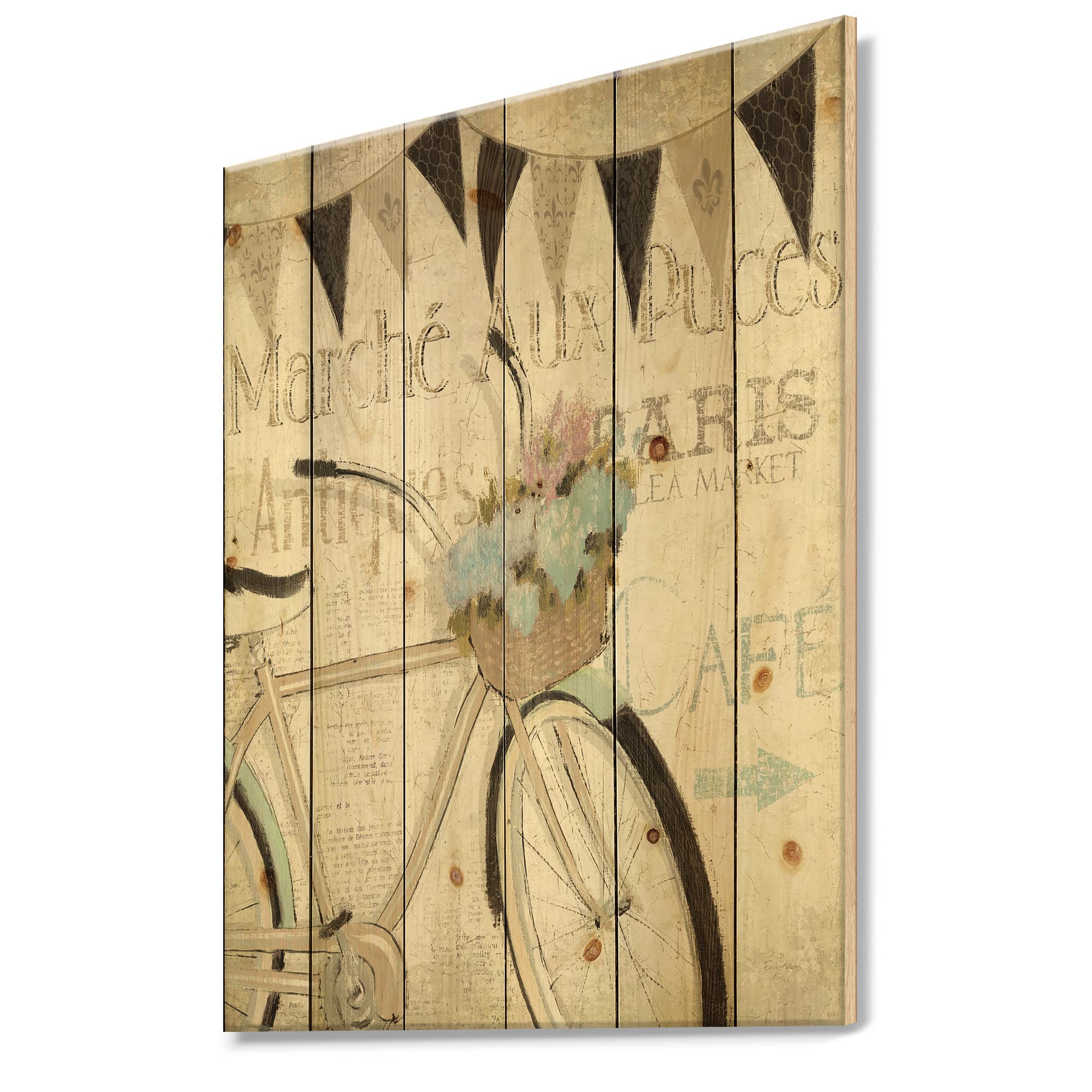 French Bicycle Flea Market Wood Wall Art - Traditional Grey Wooden Wall Decor, Large Transportation-Themed Pine Wood Panel Print - Perfect for Living Room, Bedroom & Office Decor