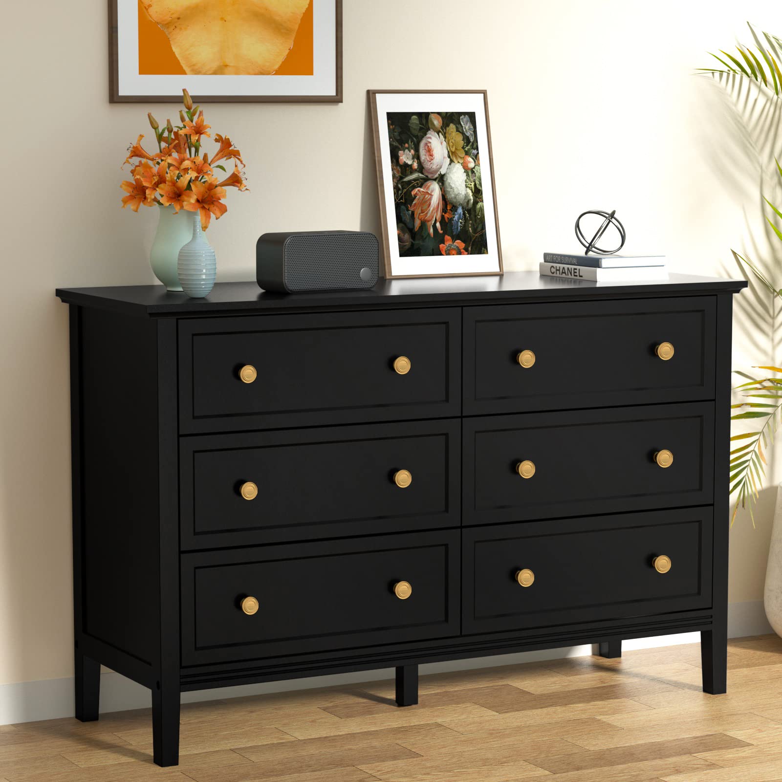 Modern 6-Drawer Black Dresser for Bedroom - Solid Wood Storage Dresser with Wide Drawers & Metal Handles - Perfect for Hallway, Entryway, or Closet Organization - Stylish Chest of Drawers for Home Decor