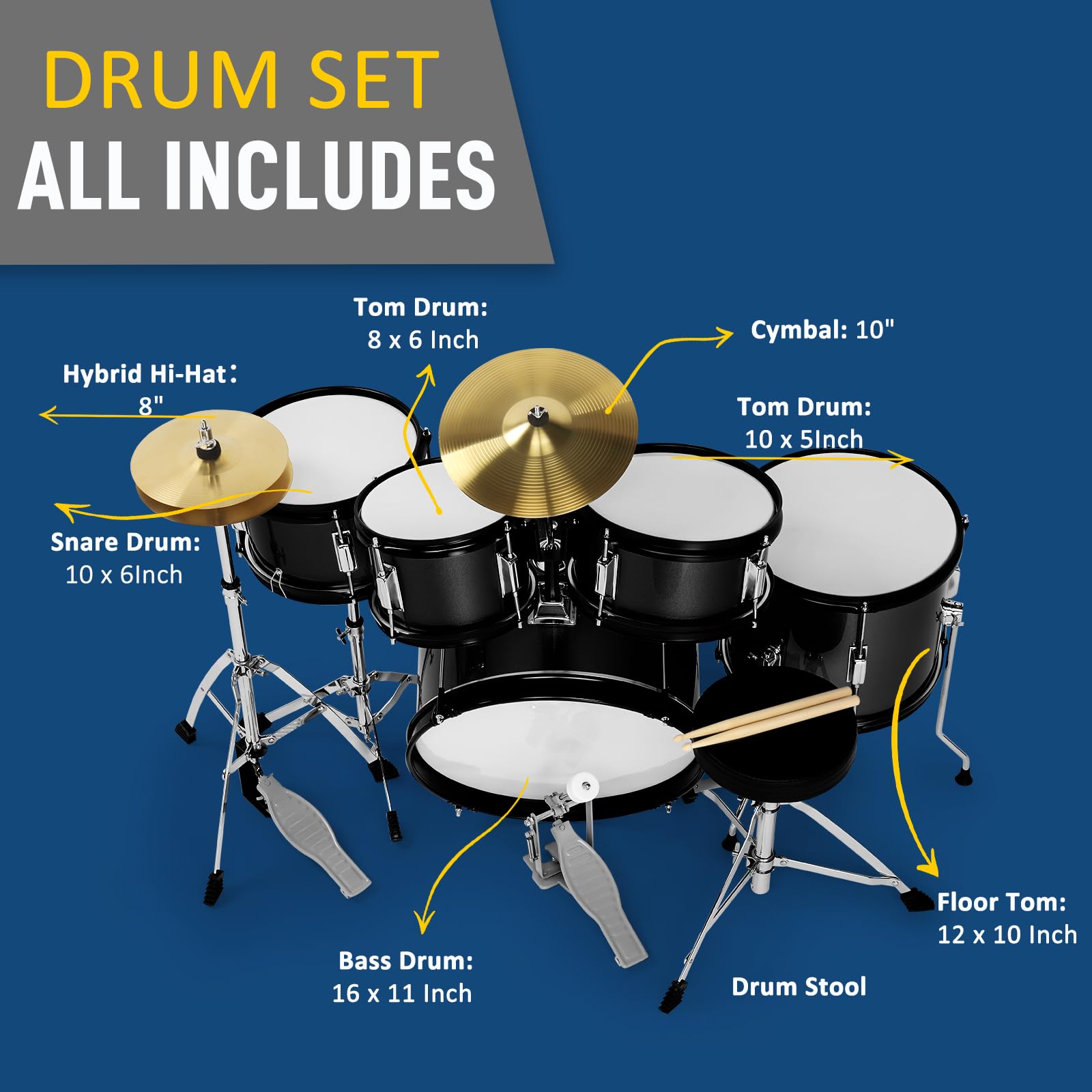 **Ktaxon 5-Piece Complete Junior Drum Set – 16 Inch Kids Drum Kit with Throne Stool, Pedal & Drumsticks – Includes Cymbal, Hi-Hat, Floor Tom, Snare Drum – Perfect for Beginners & Young Musicians (Black) – Ideal for Home Practice, Music Lessons & Kids' Performances**