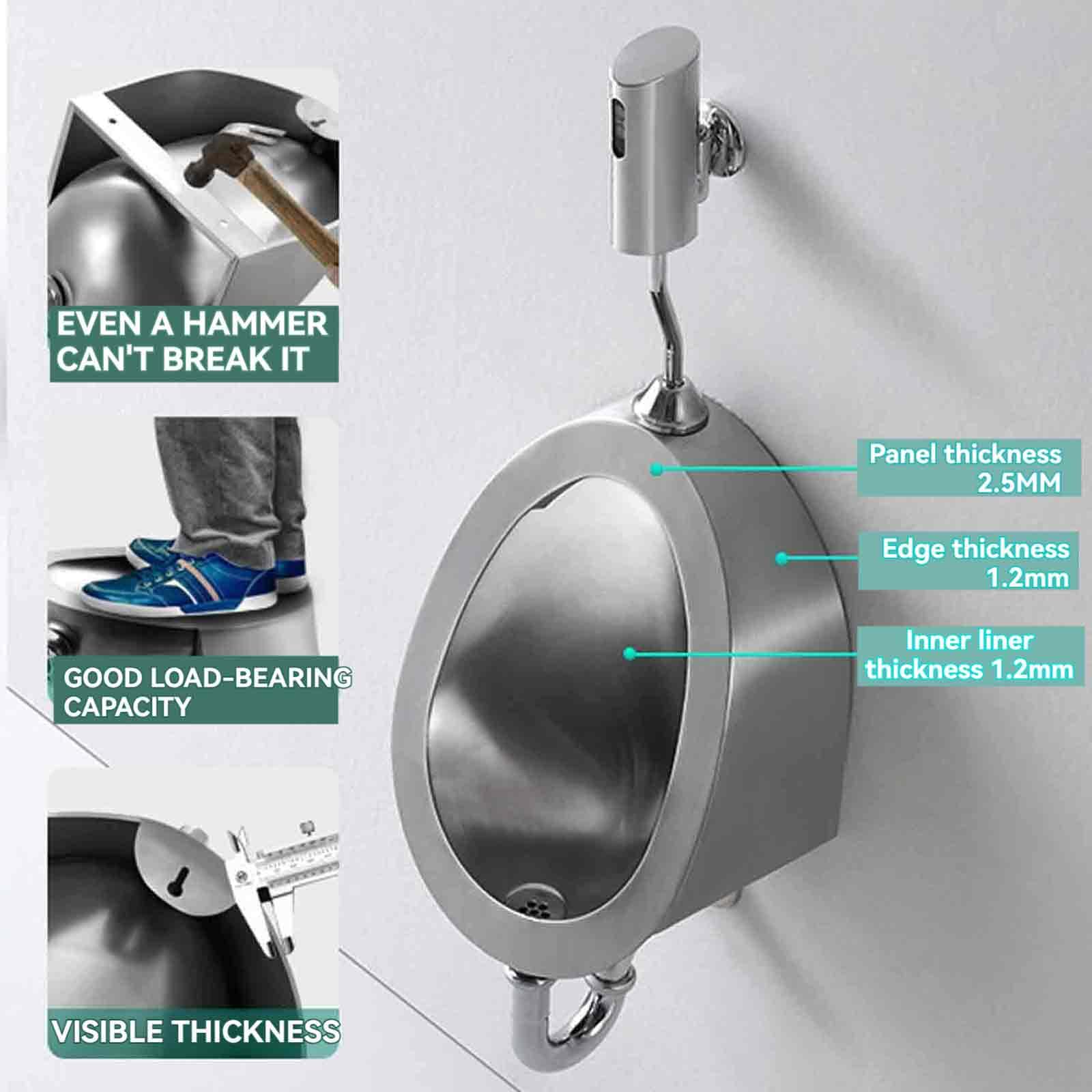 Stainless Steel Wall Mounted Urinal for Men - Commercial Grade 304 Washout Urinal for Public Restrooms, Bars & Outdoor Use