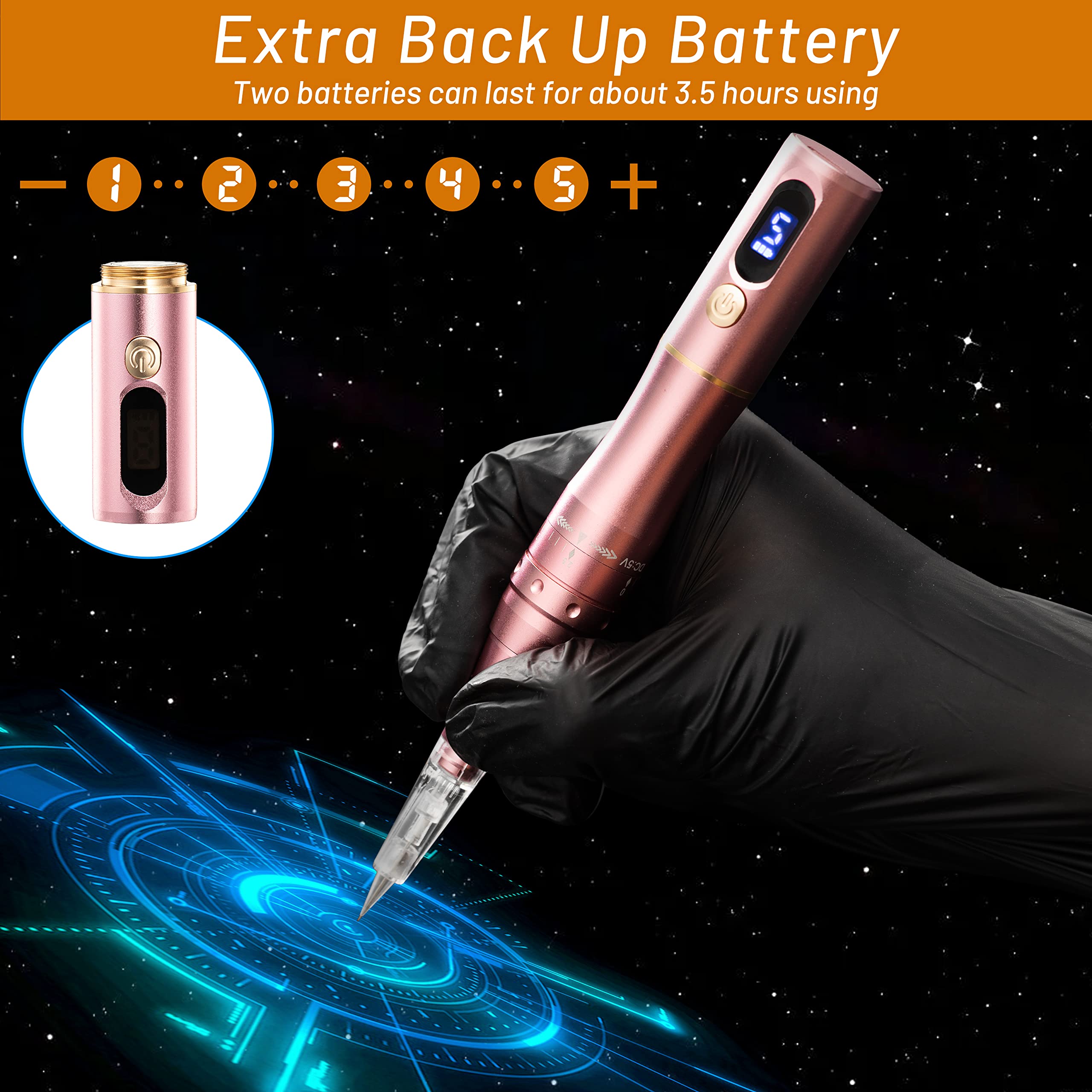 Professional Cordless Permanent Makeup Machine with Digital Display - PMU Tattoo Machine Kit Includes 2 Lithium Batteries & 10 PMU Needles (Rose Gold) | Ideal for Microblading, Eyebrow Tattooing & Cosmetic Procedures