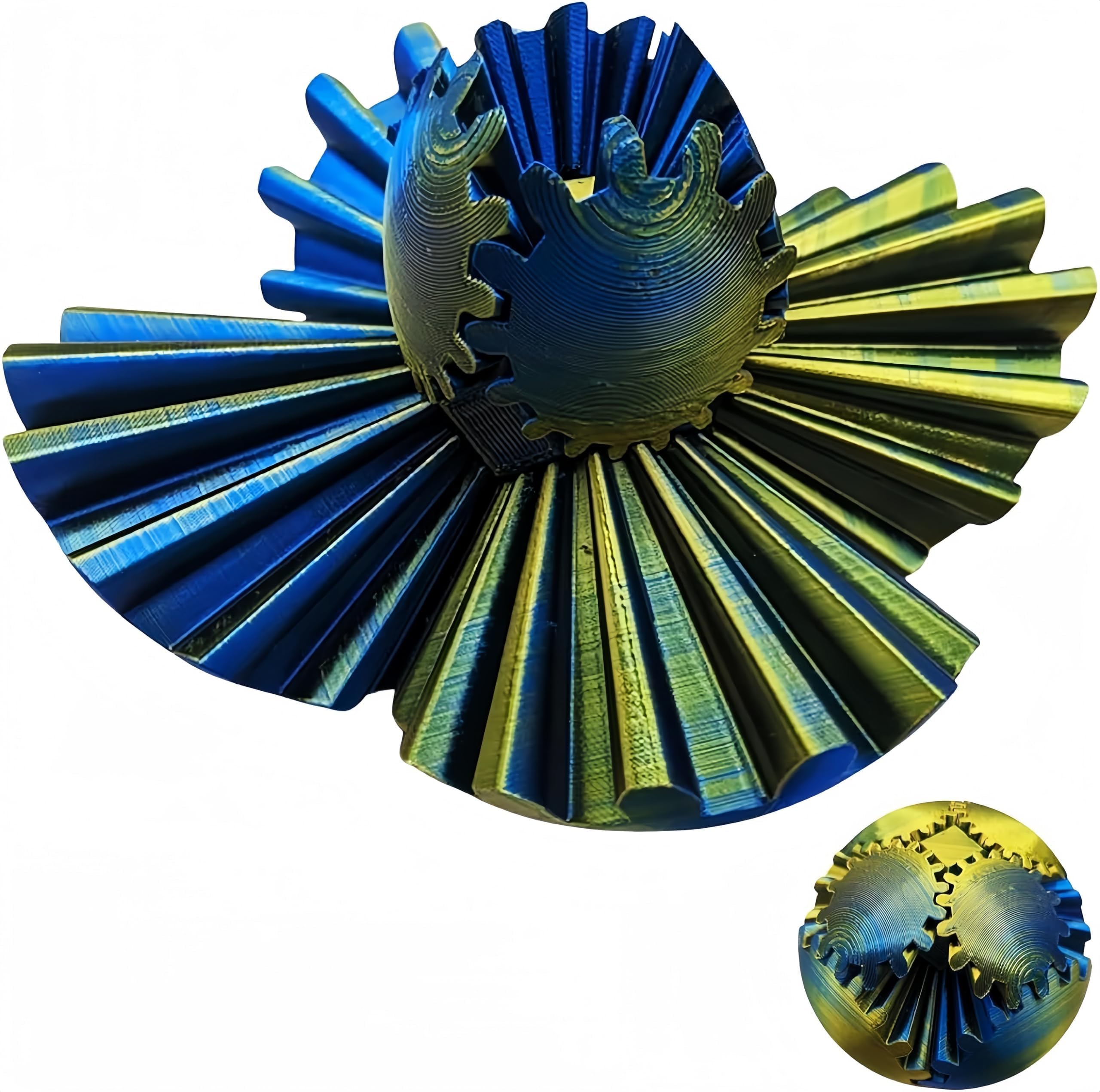 Steampunk Whirling Fidget Gear Ball - 3D Printed Rotating Stress Relief Toy for Anxiety & Focus - Blue & Gold Gear Sphere for Office, Travel & Relaxation
