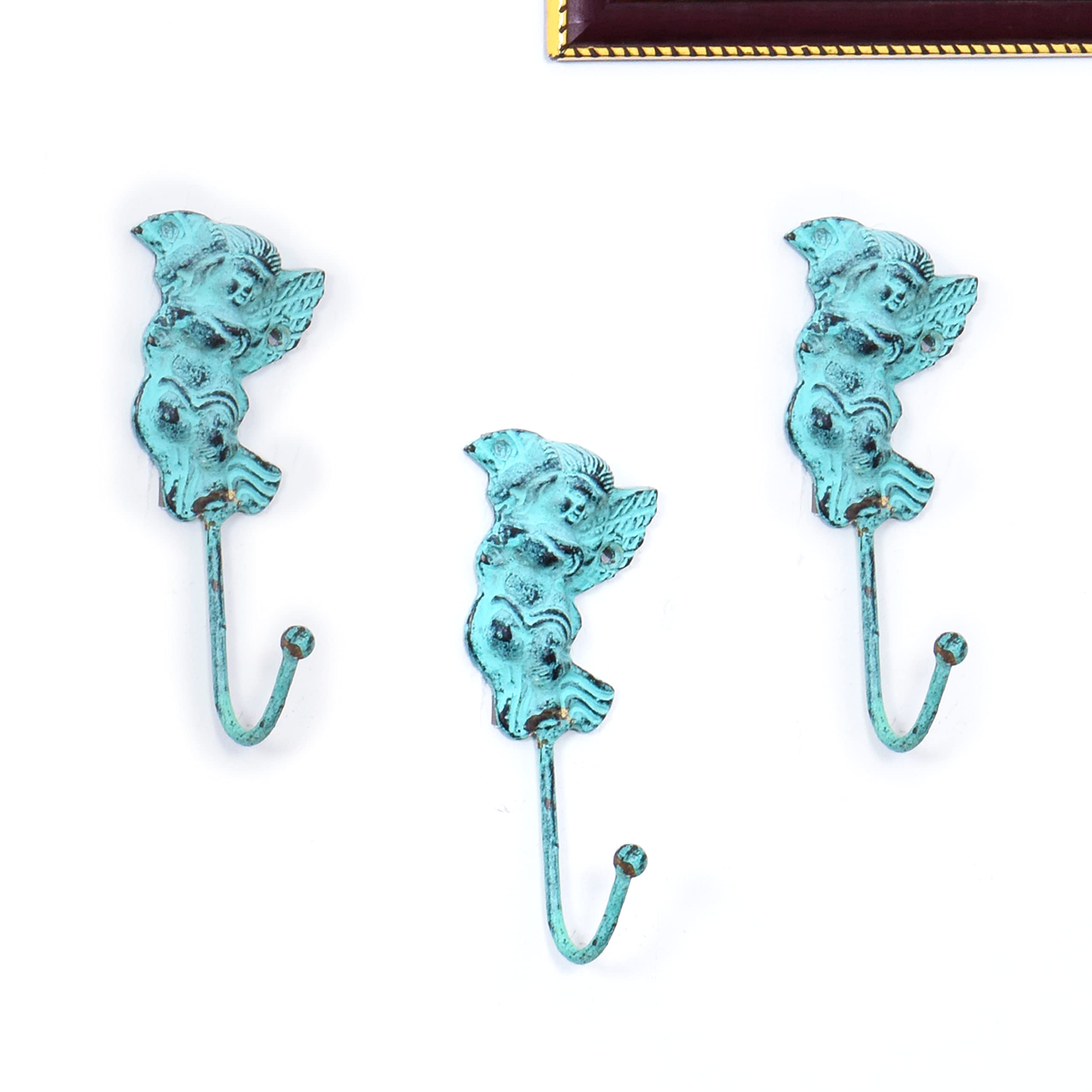 Vintage Green Cast Iron Angel Wall Hooks Set of 3 - Rustic Distressed Coat Hooks for Kids Room Decor - Fairy Themed Decorative Wall Hooks for Coats, Hats & Bags - Perfect for Nursery, Bedroom or Entryway Organization