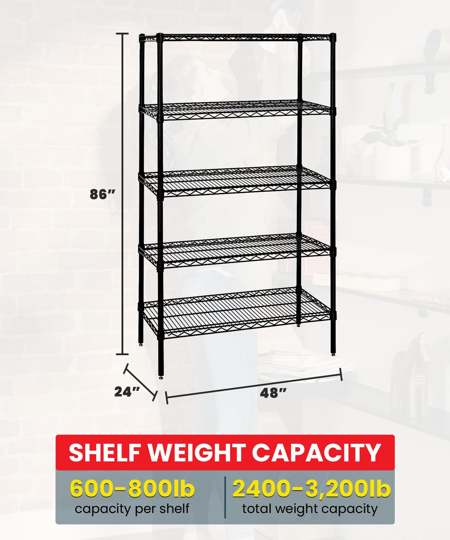 Quantum Storage Systems 5-Tier Wire Shelving Unit Kit - Black, 86 Inch Heavy Duty Metal Rack for Garage, Pantry, Warehouse & Closet Organization