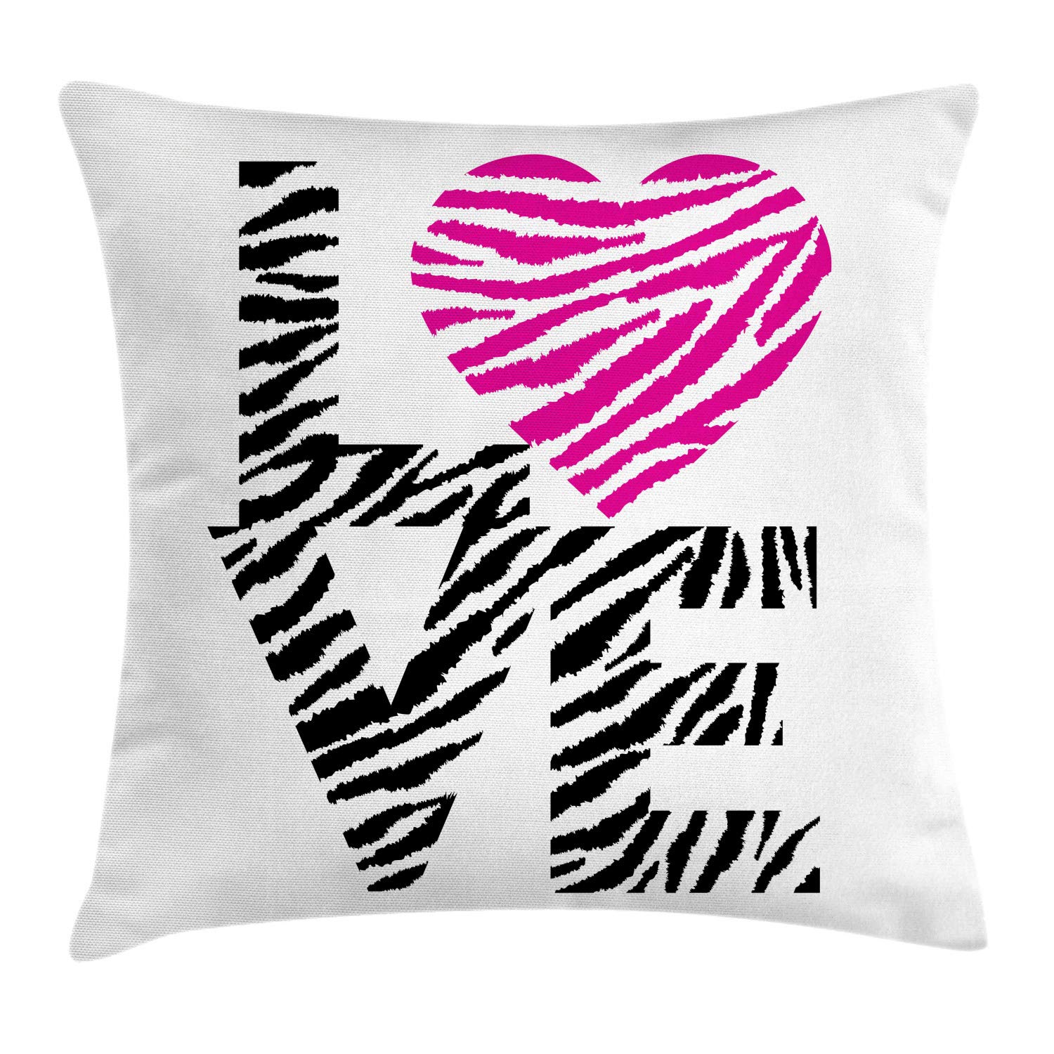 Ambesonne Love Throw Pillow Cover 28x28 Inches - Vintage Zebra & Hearts Pattern Decorative Square Cushion Case in White, Hot Pink & Black - Perfect for Living Room, Bedroom Sofa Decor