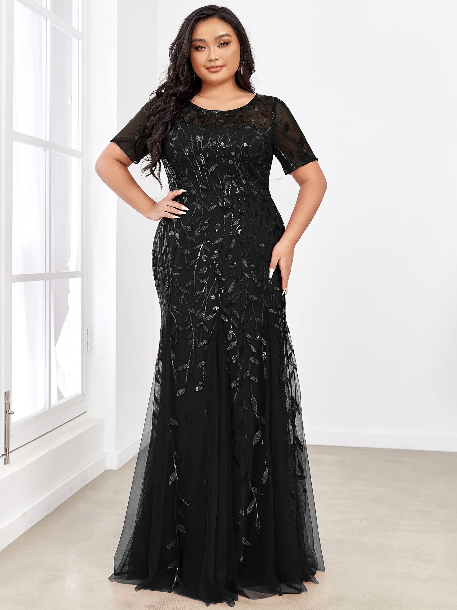 Ever-Pretty Women's Plus Size Embroidery Sequin Short Sleeve Bodycon Maxi Dress for Formal Occasions - Wedding, Prom, Evening Gala & Special Events (Style 07707-PZUSA)