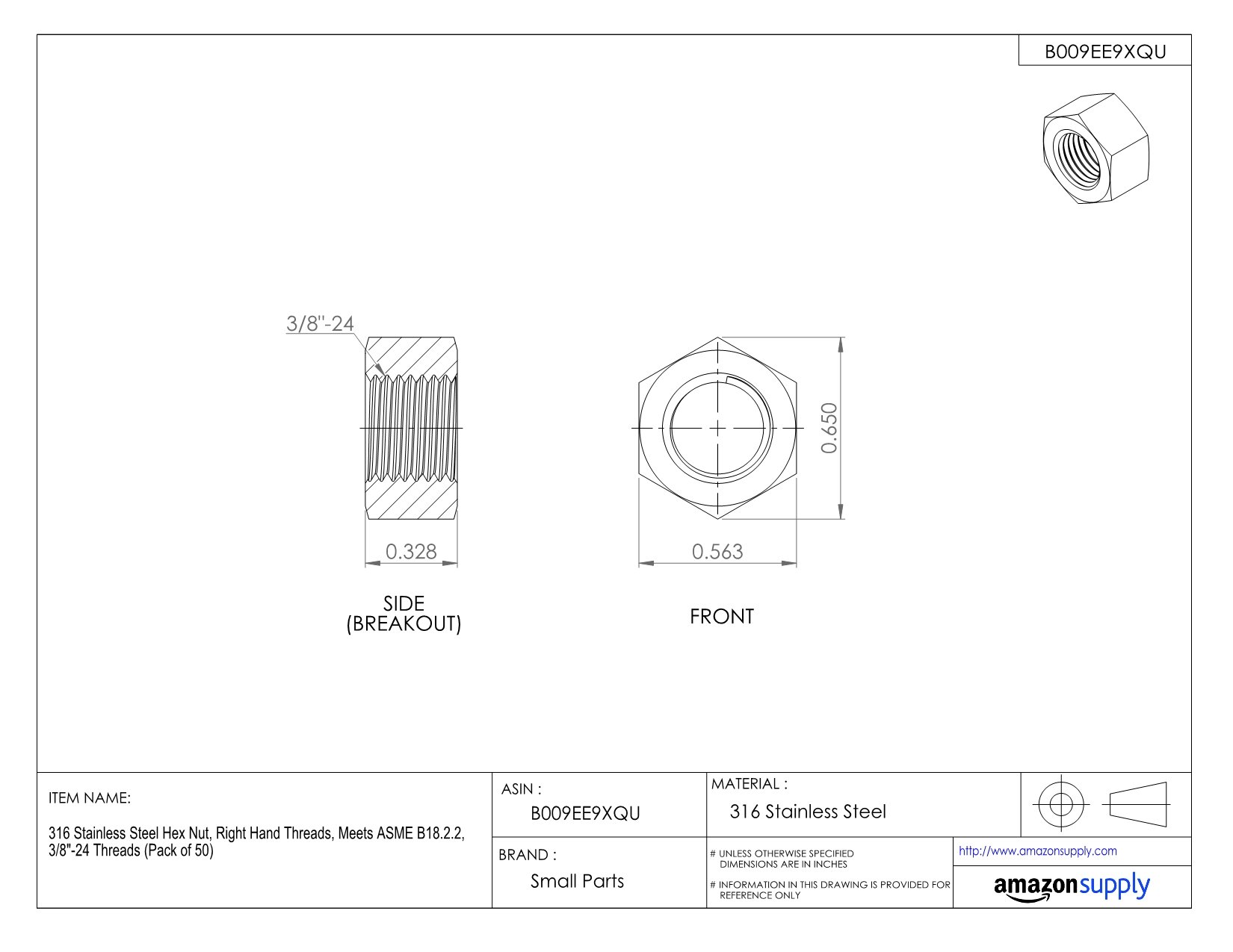 316 Stainless Steel Hex Nut 5/16