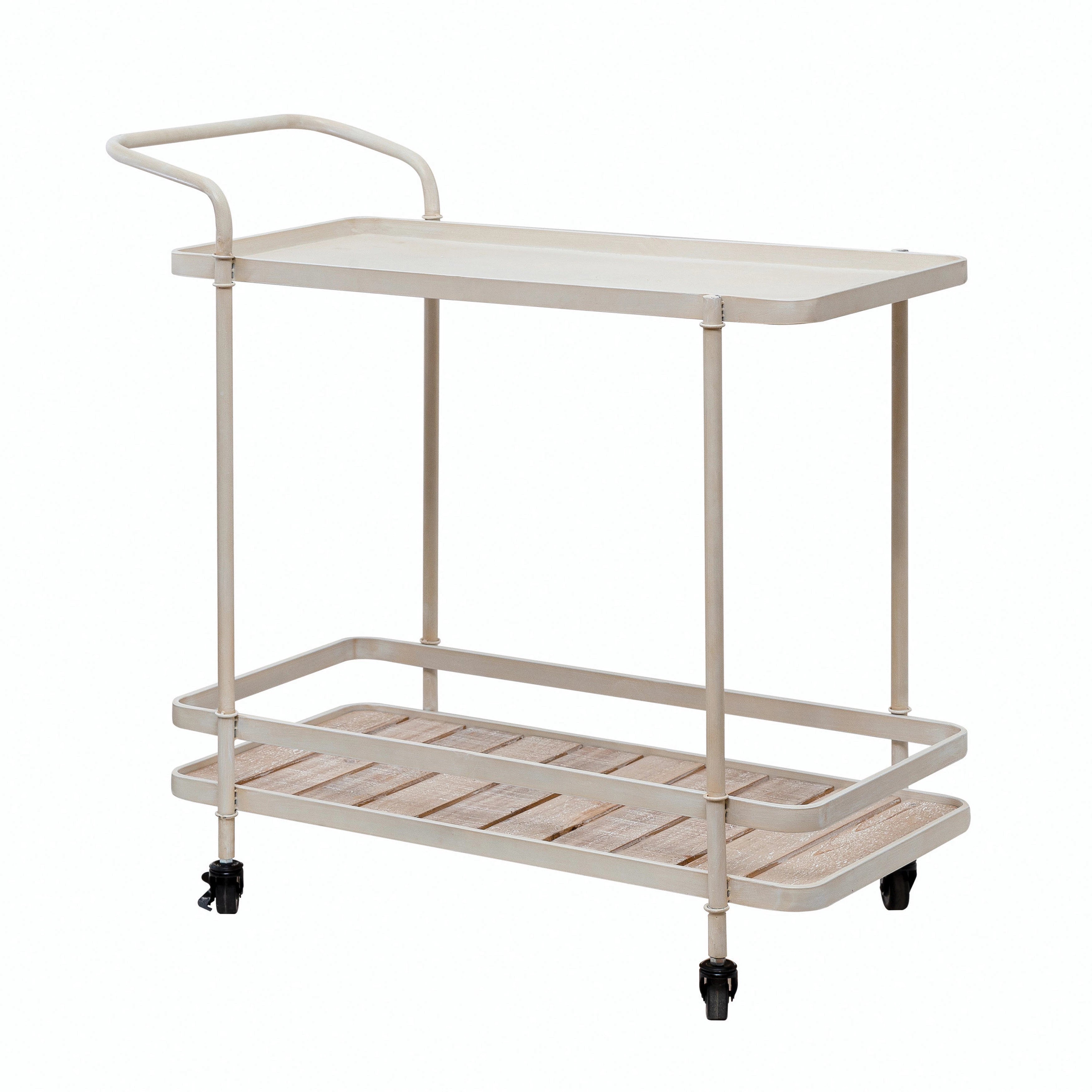 Stylish Metal Two-Tier Bar Cart with Fir Wood Slatted Shelf - Perfect for Home Bar, Kitchen Storage & Outdoor Entertaining