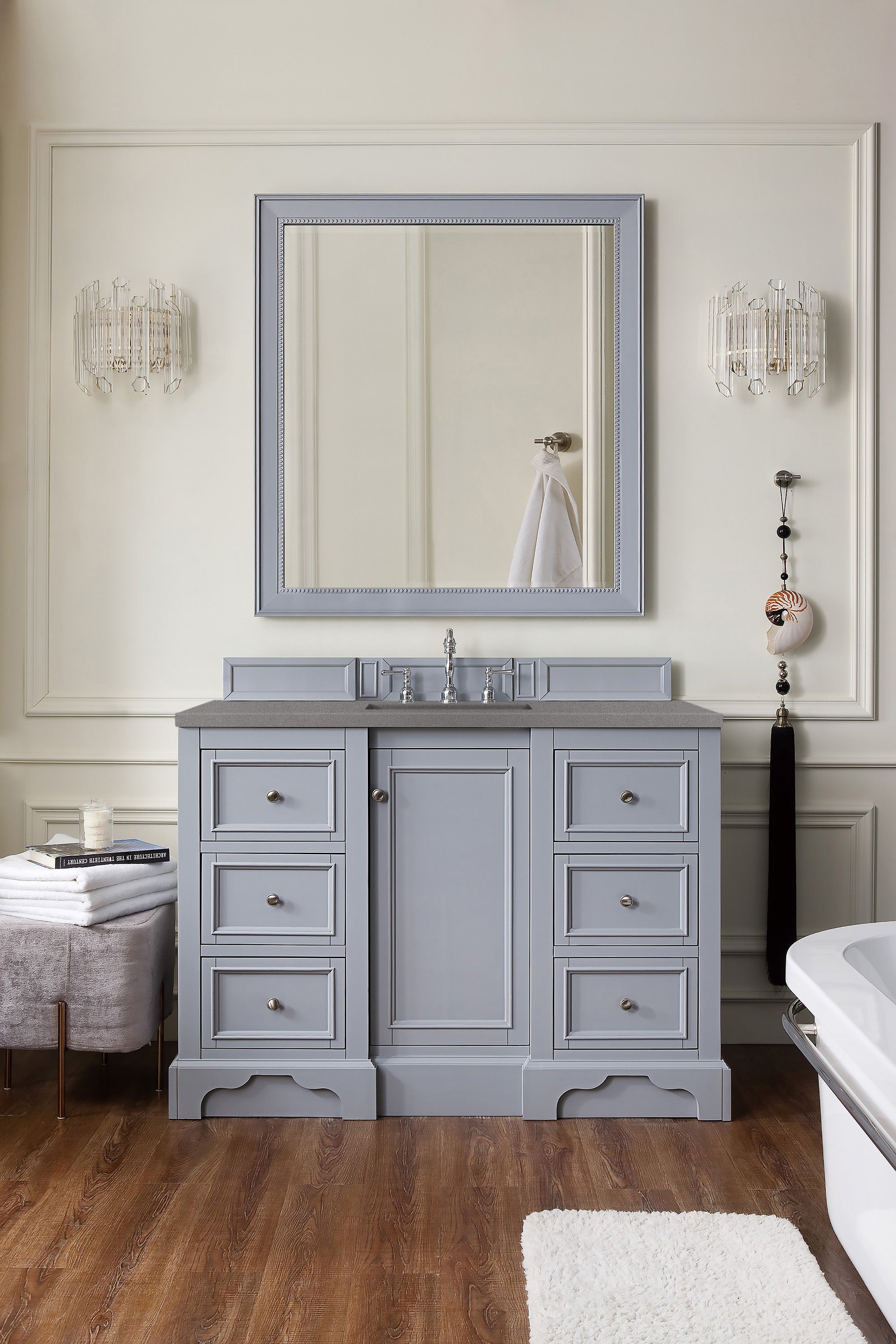 De Soto 48 Inch Single Bathroom Vanity with Silver Gray Finish & 3CM Grey Expo Quartz Countertop - Perfect for Modern Home Bathroom Renovation and Space-Saving Design