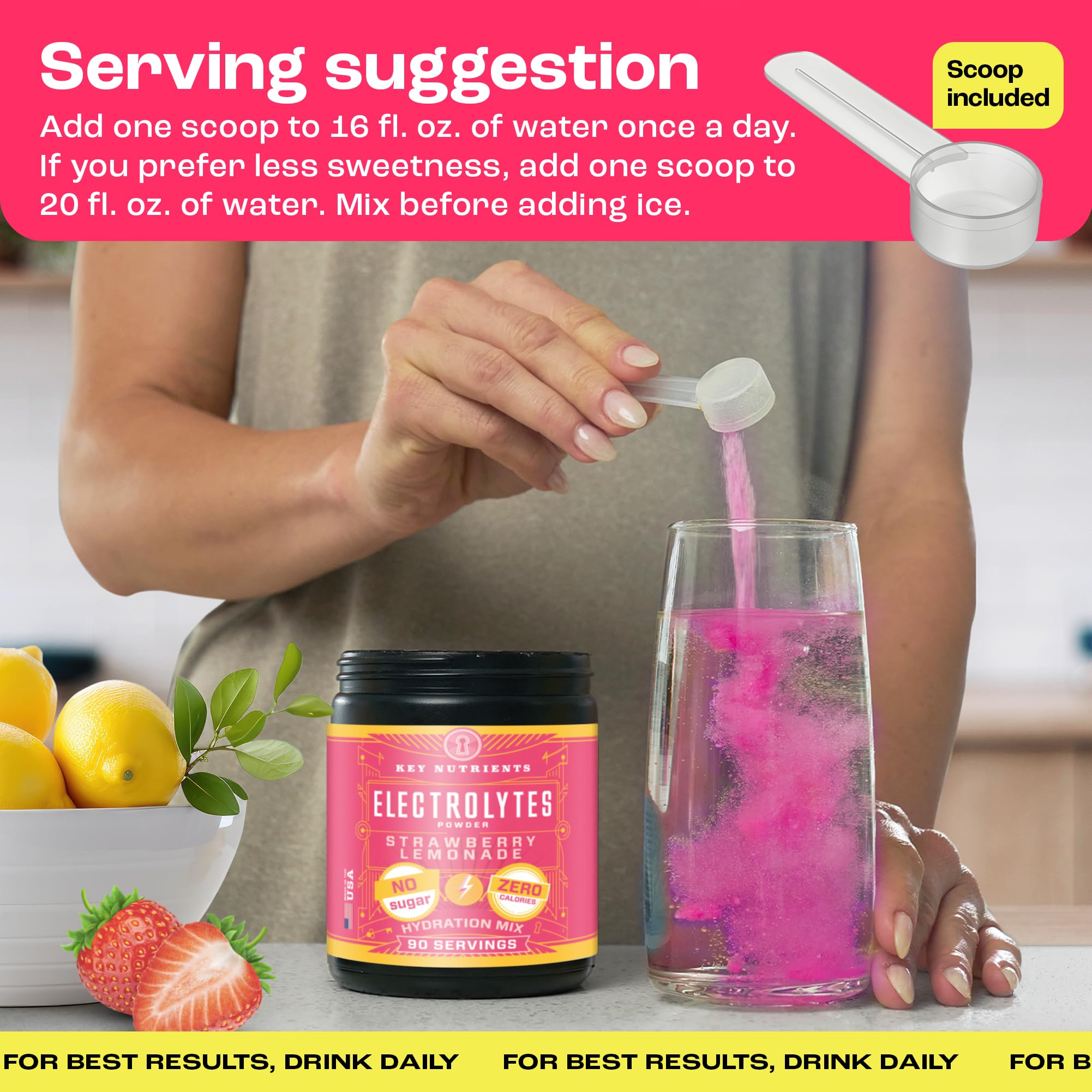 KEY NUTRIENTS Sugar-Free Electrolyte Powder - Juicy Strawberry Lemonade Flavor | Keto, Gluten Free, Zero Calorie Hydration Supplement | 90 Servings | Made in USA | Perfect for Workouts, Travel & Daily Hydration