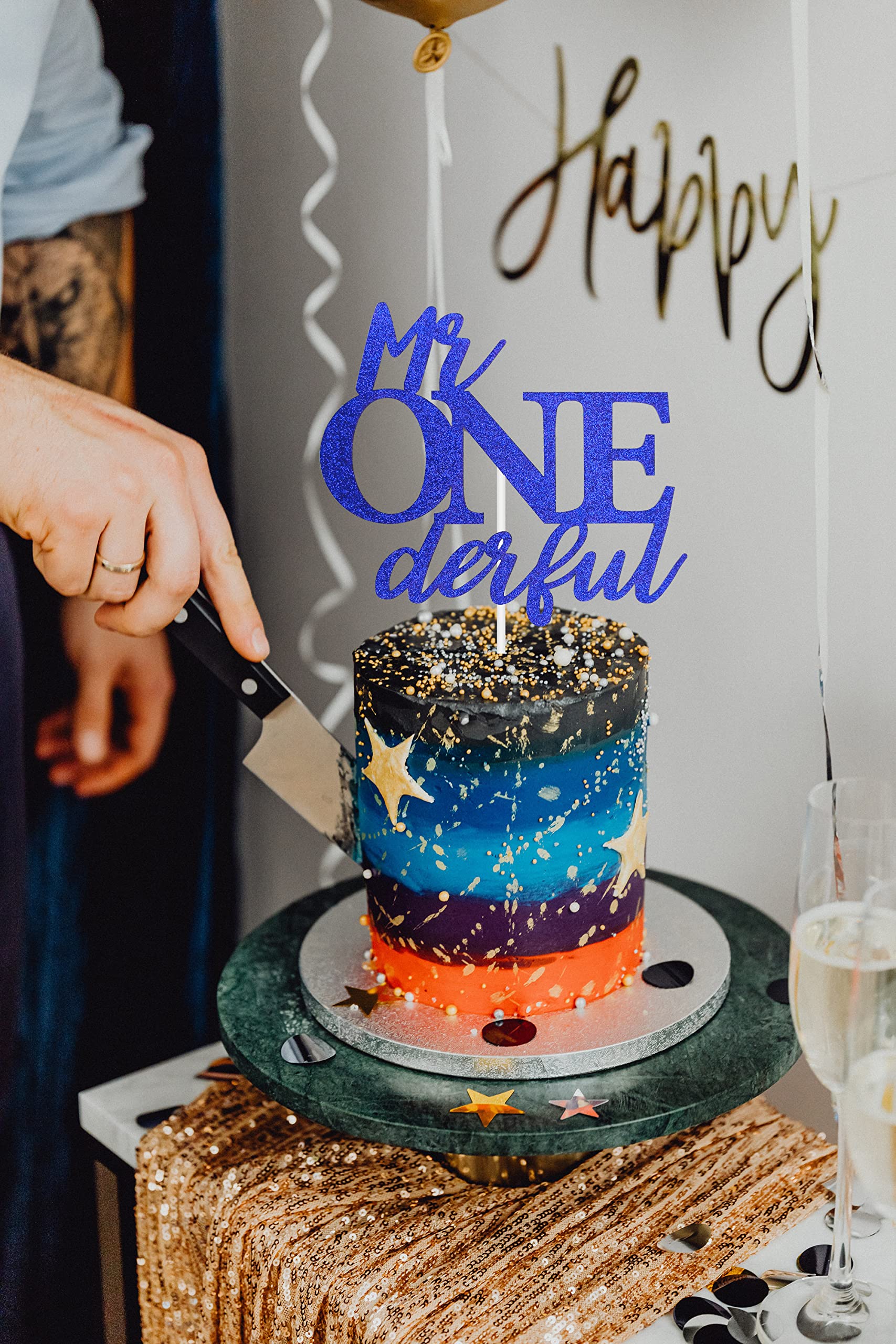 Blue Glitter ONEderful Cake Topper for Baby Shower & 1st Birthday Party - Elegant First Birthday Cake Decoration for Boy or Girl - Perfect for Cake Decorating, Photo Backdrops & Celebrations