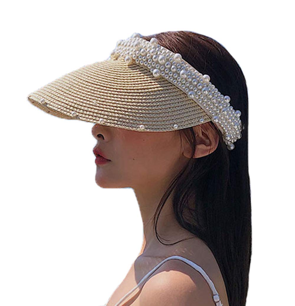Women's Packable Straw Visor Hat - Wide Brim Summer Sun Hat with Pearl Decoration for Beach, Pool, and Outdoor Activities