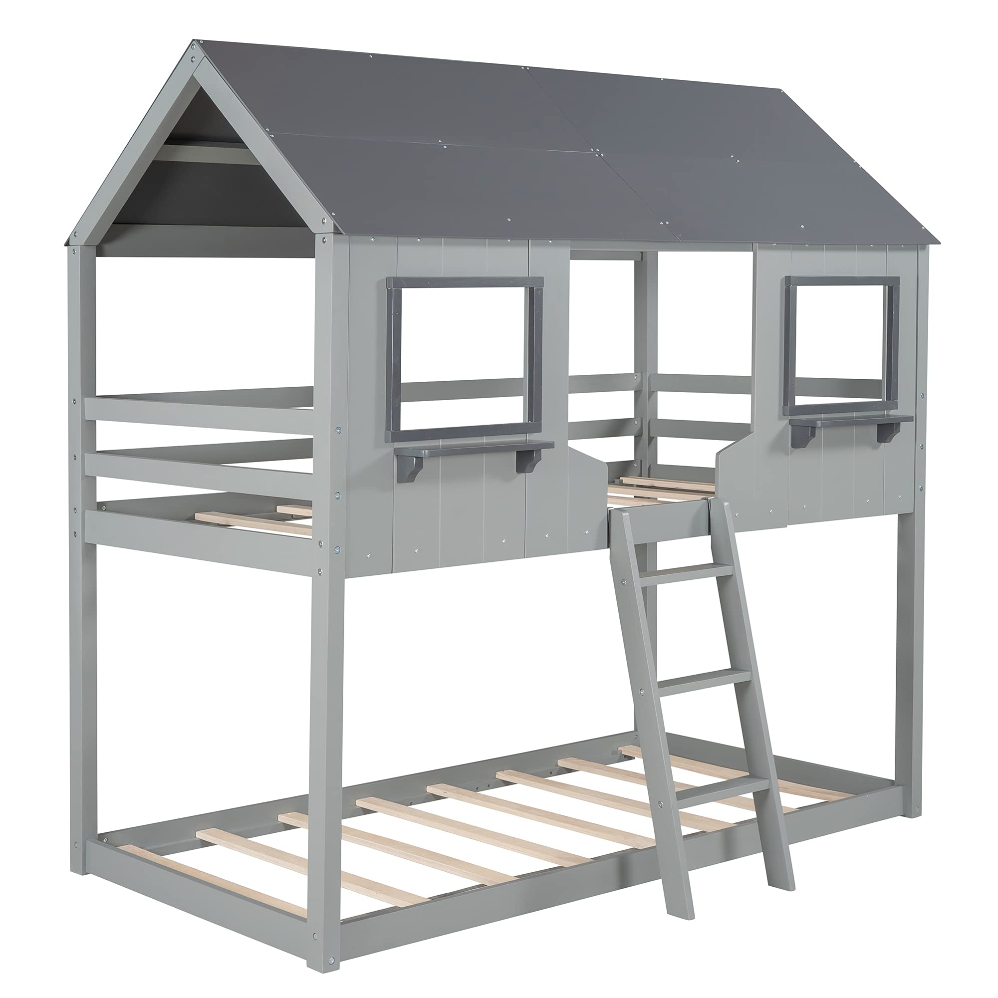 LZ LEISURE ZONE Twin Over Twin Wood Bunk Bed Frame with Roof, Window, Guardrail & Ladder - Dark Grey | Space-Saving Kids Bedroom Furniture for Small Rooms, Sleepovers & Shared Sibling Rooms