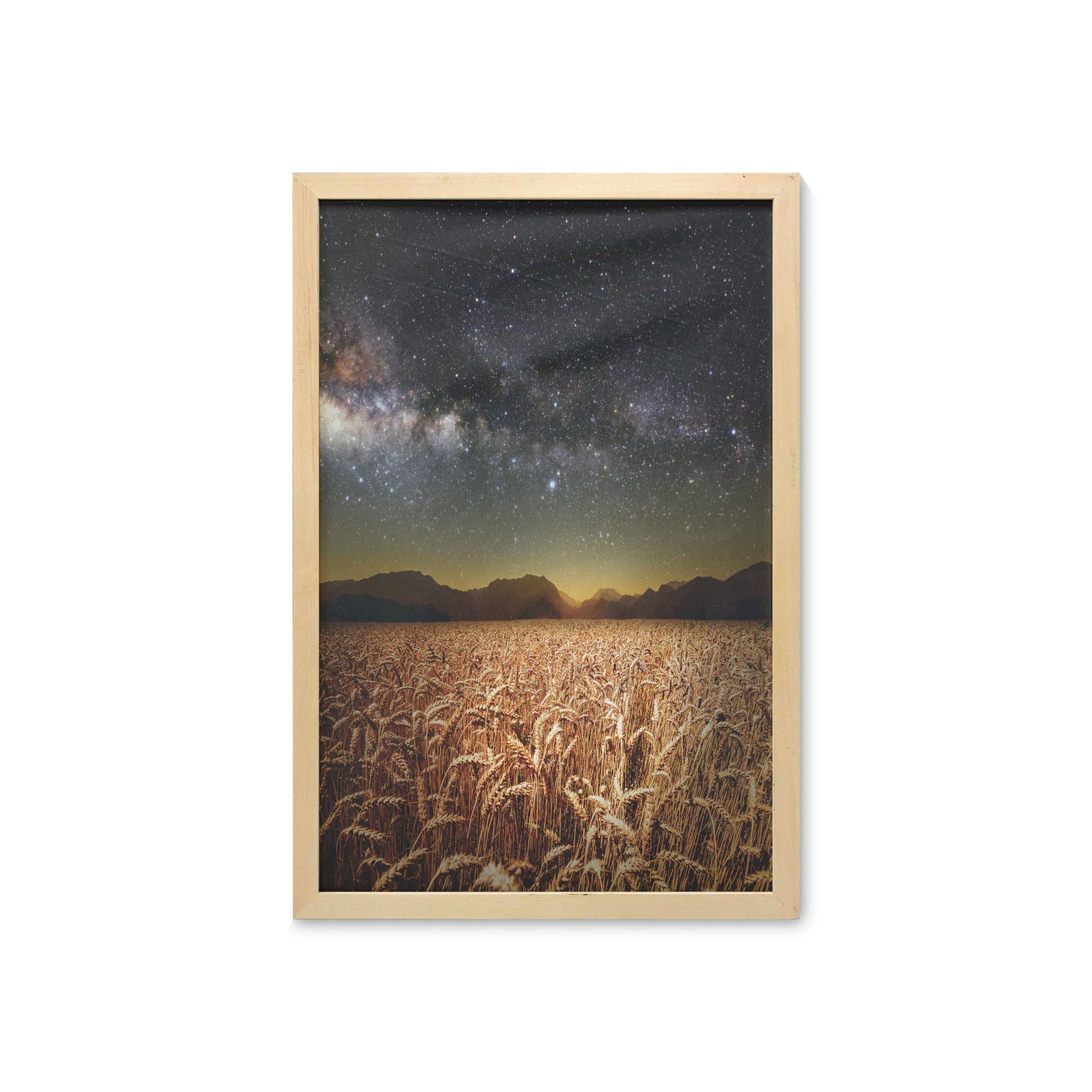 Ambesonne Framed Space Wall Art - Wheat Field Meadow Under Starry Night Sky, Twilight Harvest Landscape Print on Fabric Poster (23