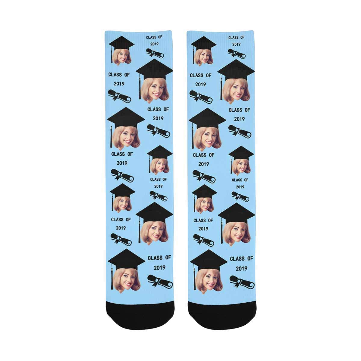 Custom Photo Face Socks - Personalized Graduation Gift for Class of 2020 - Unisex Text Crew Socks - Perfect for Graduation Parties, School Reunions & Unique Gifts