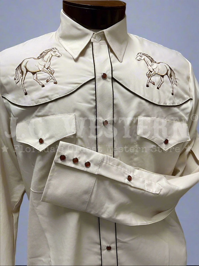 Men's Western Shirt with Running Horses Design - Comfortable Cowboy Style Button-Up Shirt for Casual Wear, Rodeo, and Country Music Events - Rangers 1044CA01 in Beige