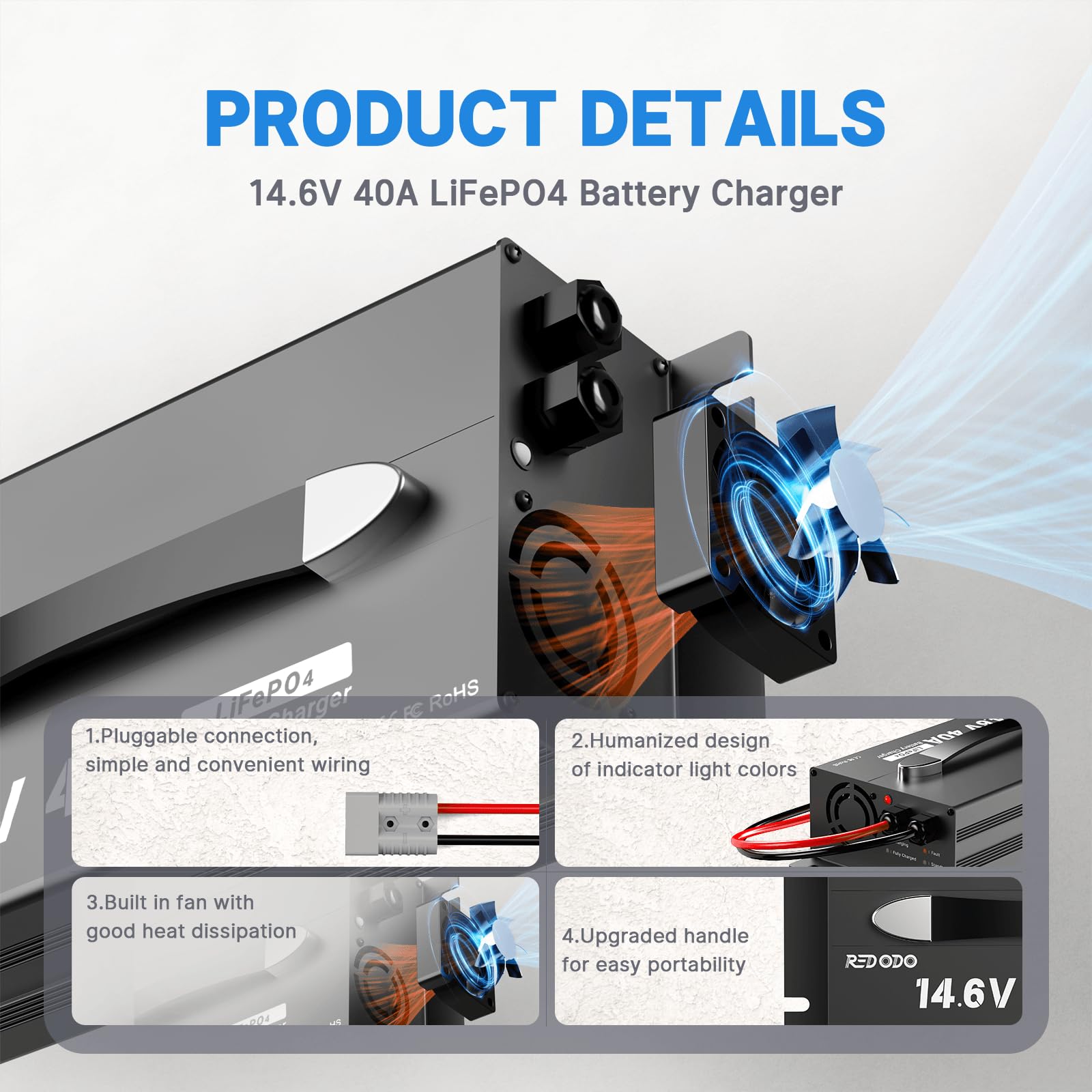 Redodo 14.6V 40A LiFePO4 Battery Charger - High Power Lithium Battery Charger with Upgraded Handle & Full Protection | Compact & Durable Design for 12V LiFePO4 Batteries | Ideal for RVs, Solar Systems, Marine Applications & Off-Grid Power Solutions