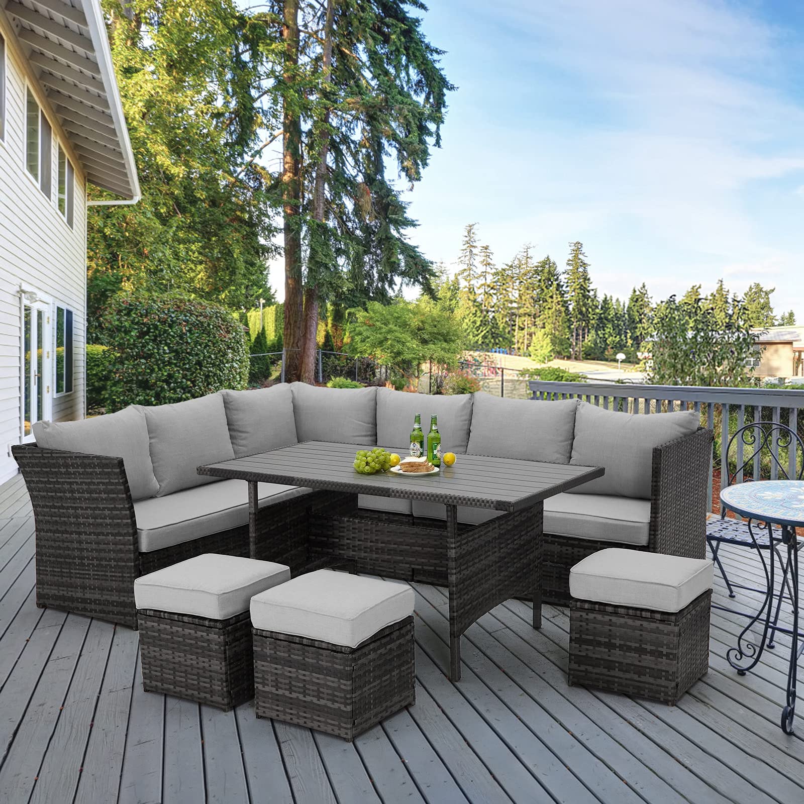 U-MAX 7-Piece Grey Rattan Outdoor Patio Furniture Set with Table, Chairs & Cushions - Weather-Resistant Wicker Sectional Sofa Set for Garden, Backyard, Poolside & Patio Relaxation