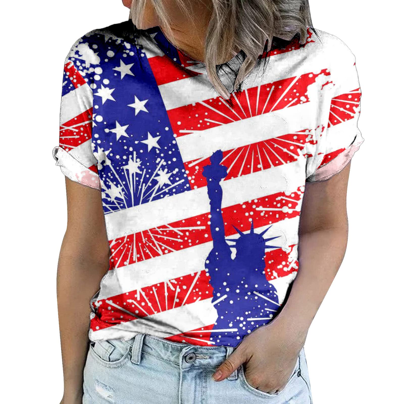 Women's American Flag T-Shirt - Short Sleeve Round Neck USA Patriotic Top for 4th of July, Independence Day & Summer Outfits - Black Cotton Tee for Casual Wear, Parties & Festive Celebrations