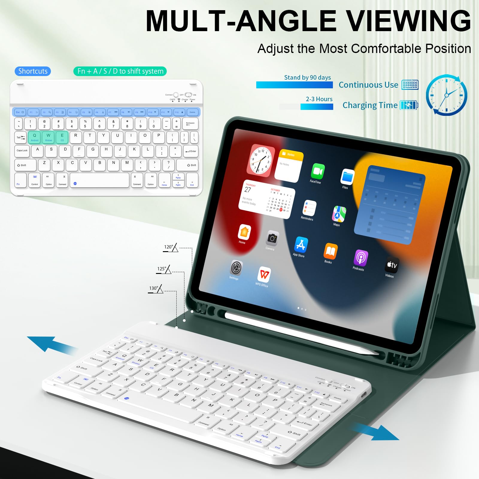 JKSML 10.9 Inch iPad Air 5th/4th Generation Case (2022/2020 Model) - Magnetic Detachable Bluetooth Keyboard Cover with Pencil Holder, Auto Wake/Sleep Smart Folio - Perfect for Work, Study & Travel - Dark Green
