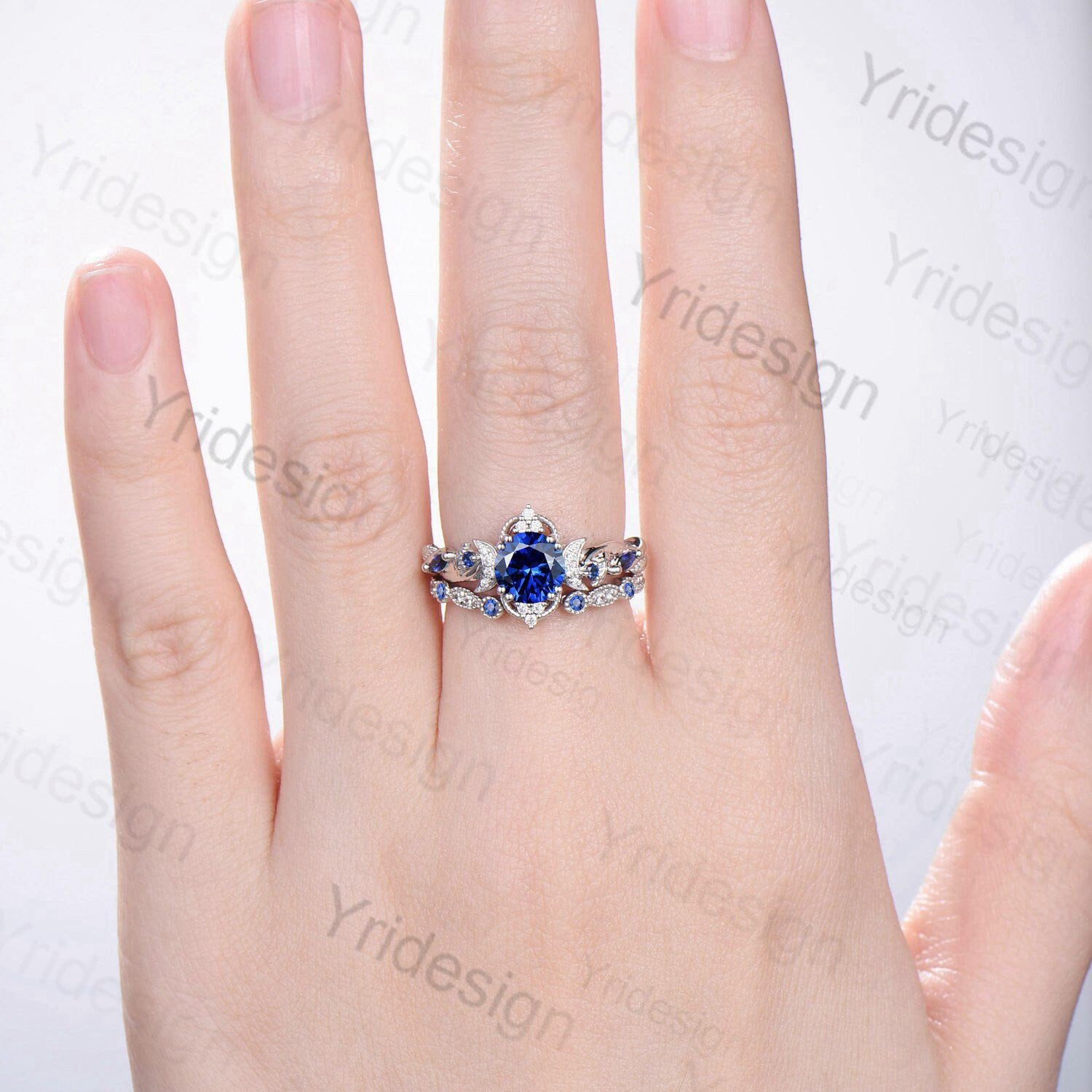 Blue Sapphire Engagement Ring Set for Women - Crescent Moon Art Deco Wedding Band with Open Gap Design - Nature Inspired Bridal Jewelry for Proposals, Anniversaries & Special Occasions