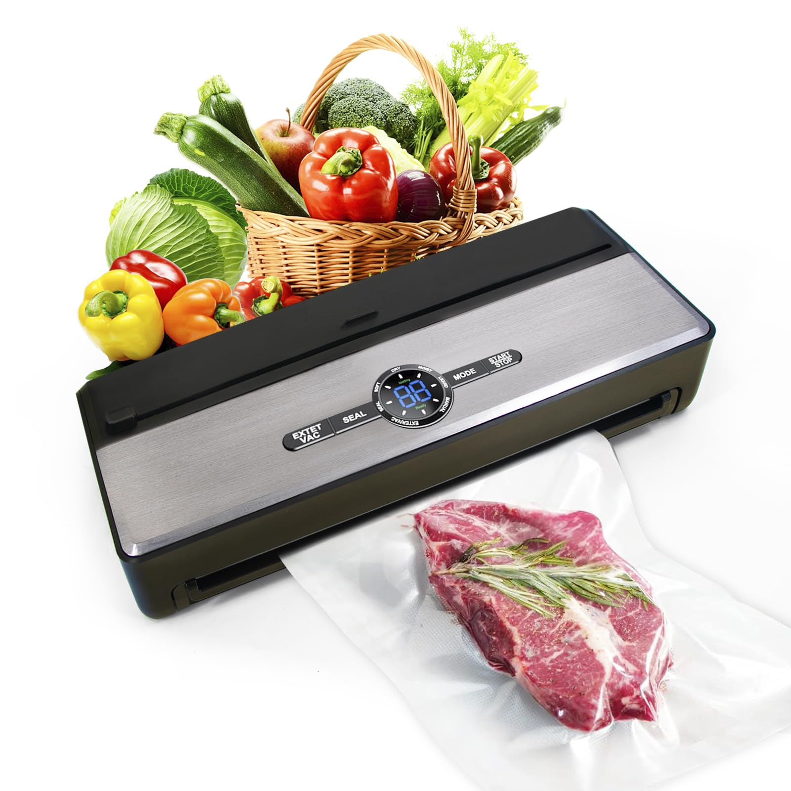 9-in-1 Automatic Vacuum Sealer Machine for Food Preservation - 85kPa Powerful Suction for Moist, Dry, Liquid & Soft Foods - Includes Cutter, Bag Storage & External VAC for Jars - Perfect for Meal Prep, Sous Vide & Extending Food Shelf Life - Comes with Starter Kit (1 Bag Roll & 10 Bags)