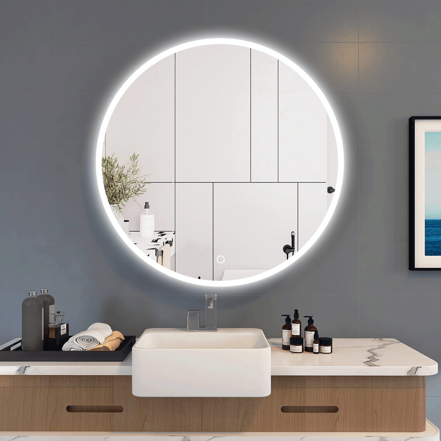 Premium Onyx Round Frameless LED Bathroom Mirror with Defogger - Touch Control & Adjustable Lighting (12