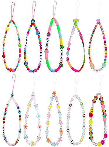 KOHOTA 8pcs Colorful Acrylic Bead Phone Lanyard - Y2K Handmade Polymer Clay Charm with Smiley Fruit Star Pearl Beads | Anti-Lost Wrist Strap & Keychain for Women Girls | Perfect for Phone Security, Fashion Accessory, and Gift Giving