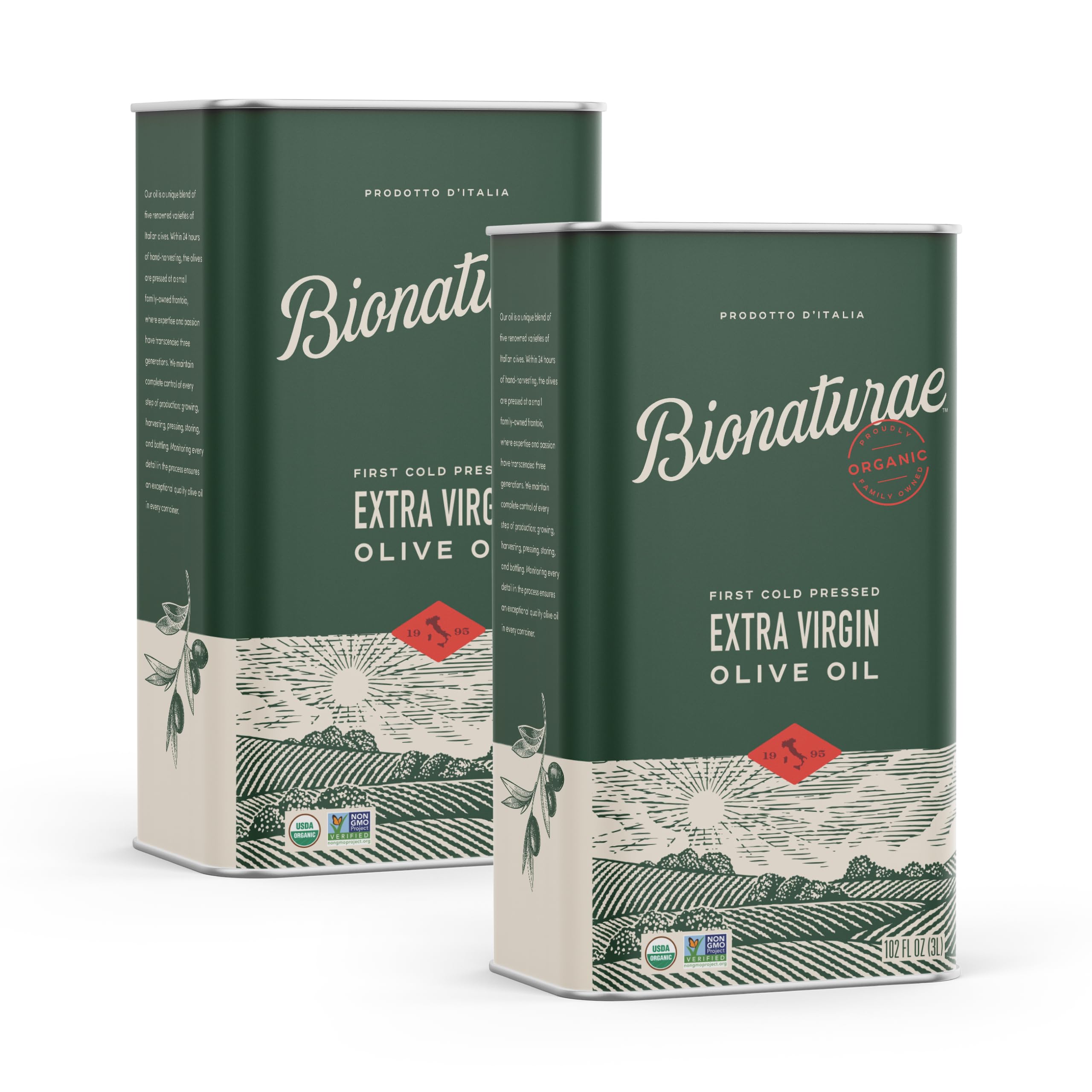Bionaturae Extra Virgin Olive Oil - USDA Organic, Non-GMO, 100% Italian Cold-Pressed Olive Oil in Recyclable Glass Bottle (3L, 2-Pack) - Perfect for Cooking, Salad Dressing & Healthy Recipes