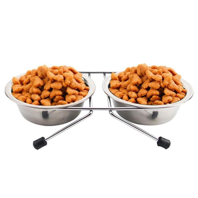 PSK PET MART Stainless Steel Double Dog Bowl with Iron Stand - Non-Slip Pet Food and Water Feeder for Dogs & Cats | Perfect for Home, Travel, and Outdoor Use