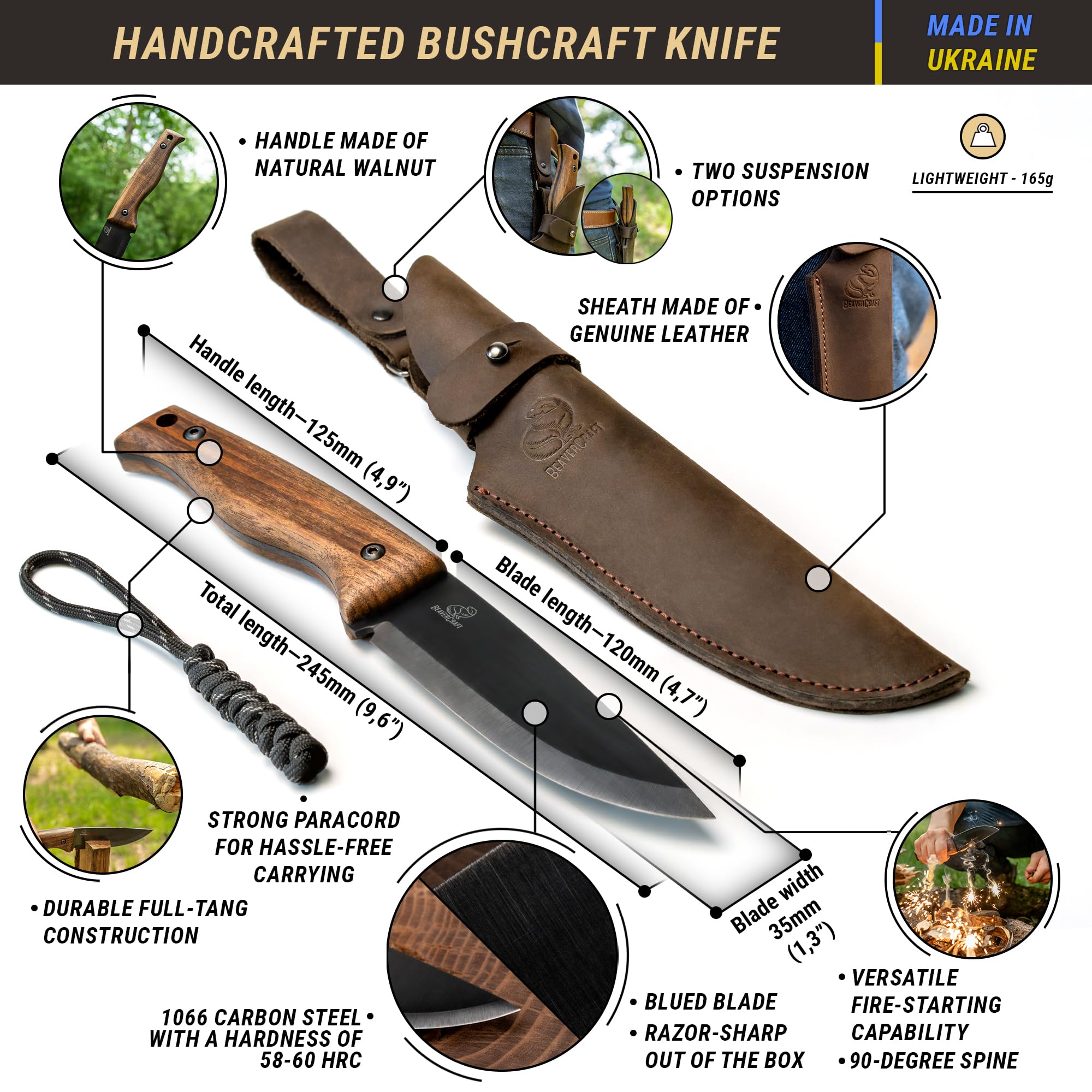 BeaverCraft Full Tang Bushcraft Knife with Leather Sheath - Carbon Steel Fixed Blade Survival Knife for Camping, Hiking & Outdoor Adventures | BSH3 Nightfall | Perfect for Bushcraft, Hunting & Wilderness Survival
