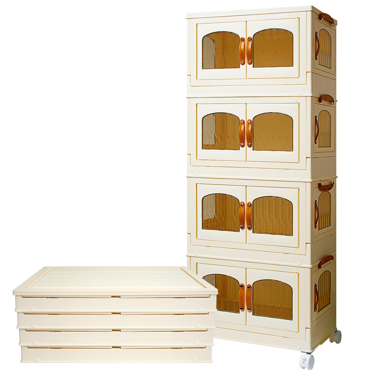 YARWAYER 4-Tier Collapsible Storage Bins with Lids & Wheels - 76.3 Gallon Closet Organizer System for Clothes, Toys & Dorm Essentials - Space-Saving Foldable Storage Bins with Doors for Bedroom, Garage & Home Organization