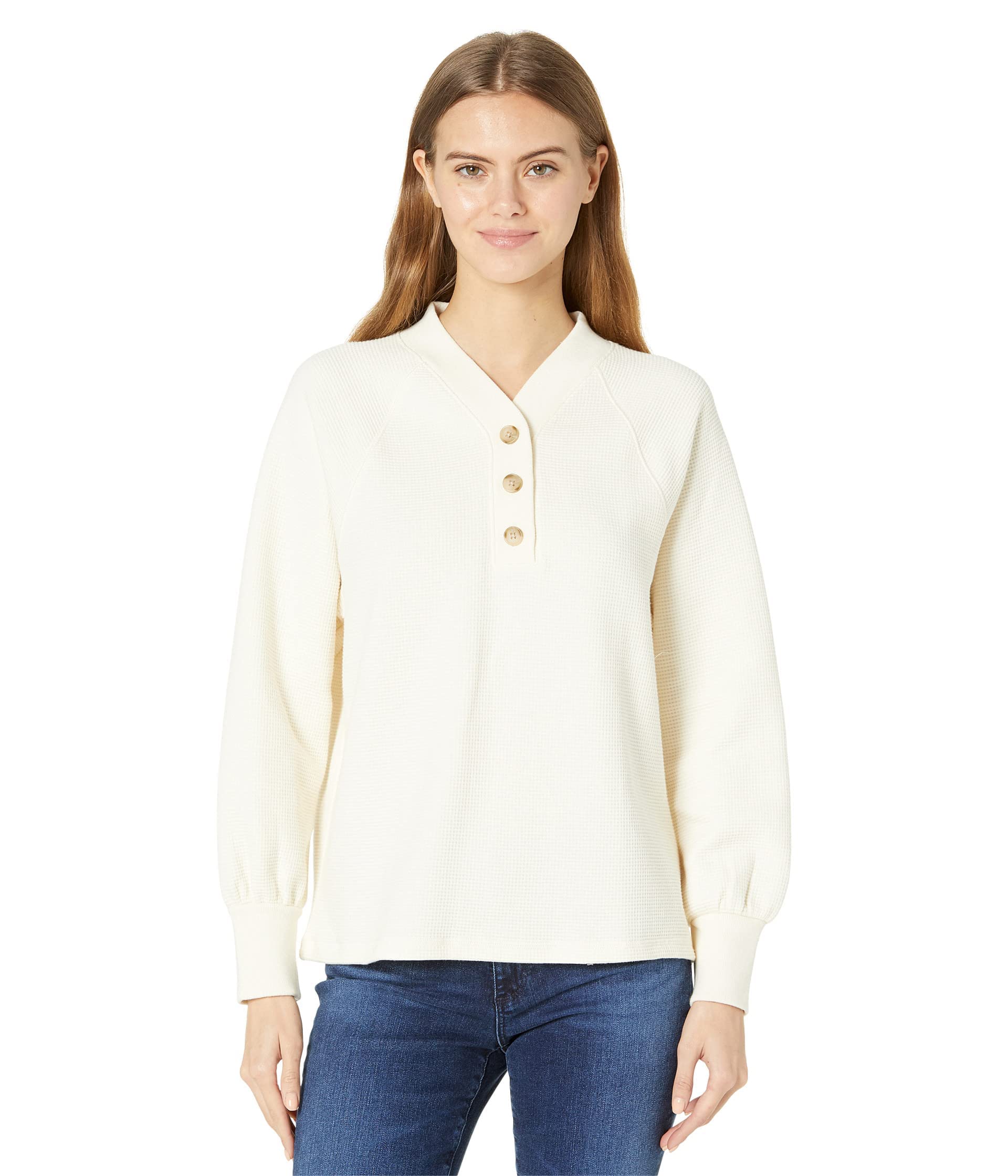 MWL by Madewell Women's Chunky Waffle Henley Sweatshirt - Soft Thermal Pullover Long Sleeve Top in Antique Cream & White, XXL - Cozy Casual Wear for Fall & Winter