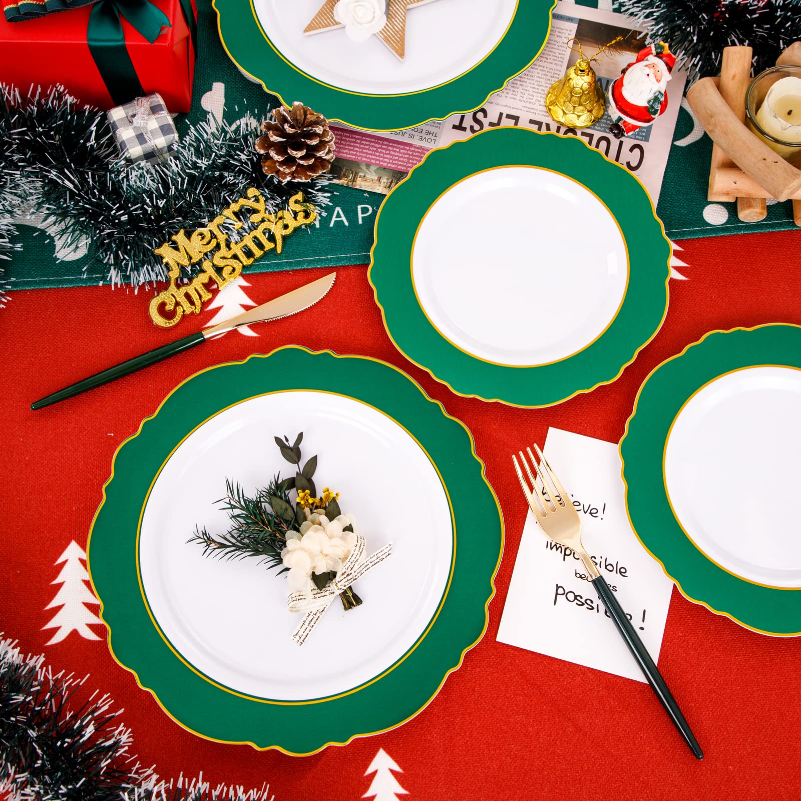 WDF 30-Pack Gold Christmas Plates Disposable with Green Handle - Elegant Baroque Plastic Dinnerware Set for Holiday Parties, Family Gatherings & Festive Celebrations