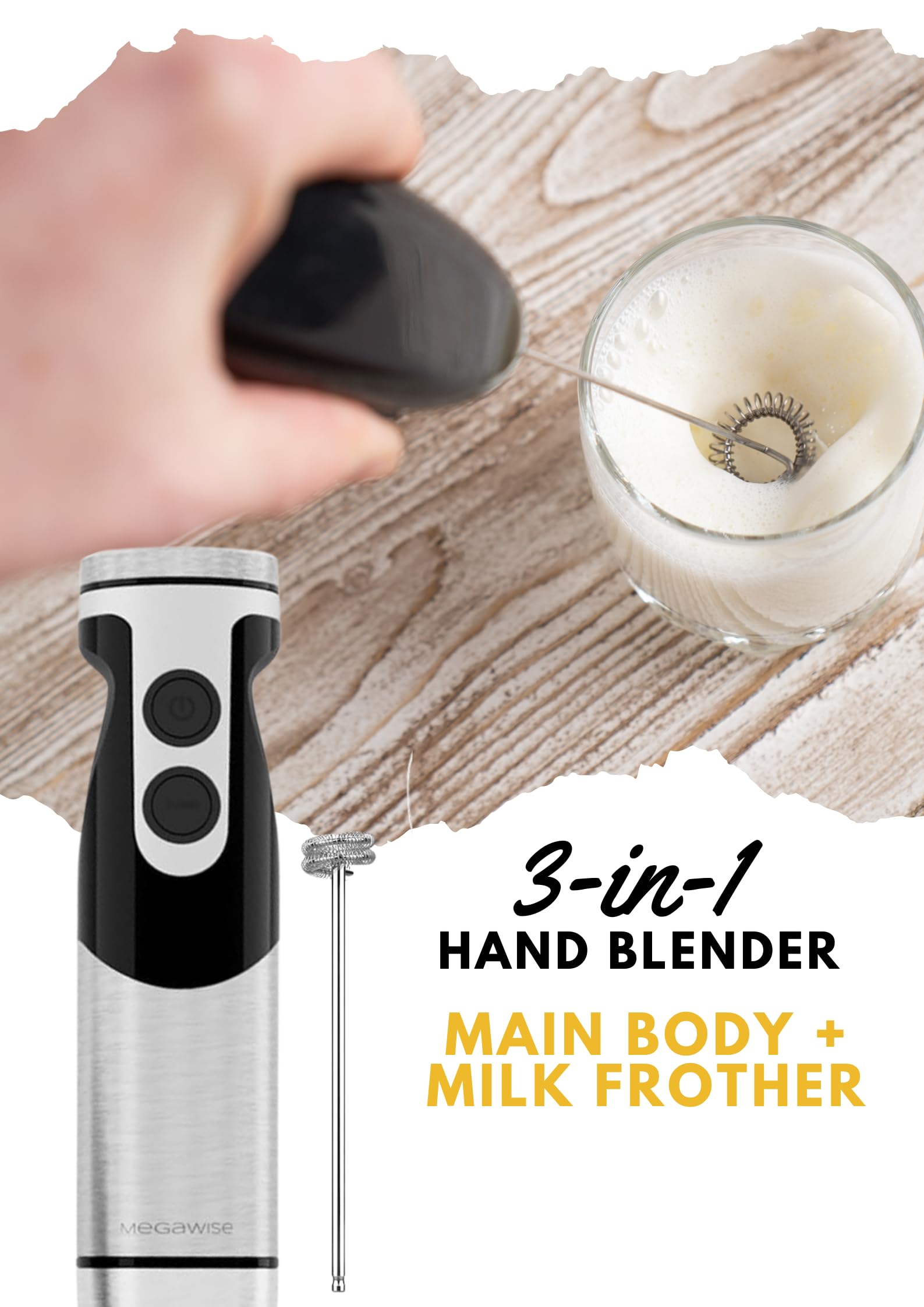MegaWise 3-in-1 Immersion Hand Blender with Titanium-Reinforced Stainless Steel Blades - 12 Speed Settings, Whisk & Milk Frother Included - Powerful 800W Motor for Smoothies, Soups & Baking (Black) - Perfect for Kitchens, Restaurants & Home Chefs