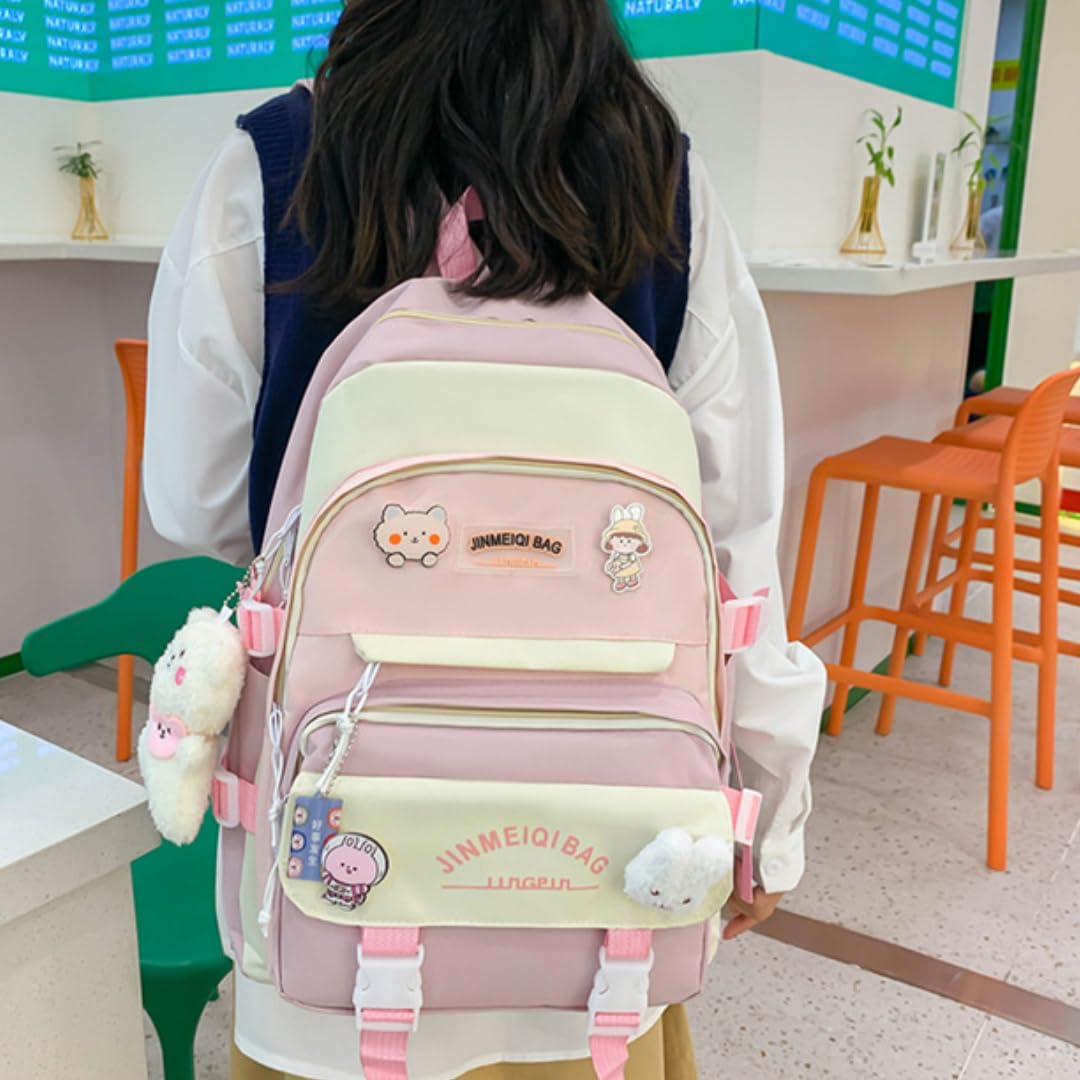 5Pcs Kawaii Cute Backpack Set for School - Aesthetic Pink Backpack with Accessories | Perfect for Girls, Teens & College Students | School Supplies, Travel & Daily Use