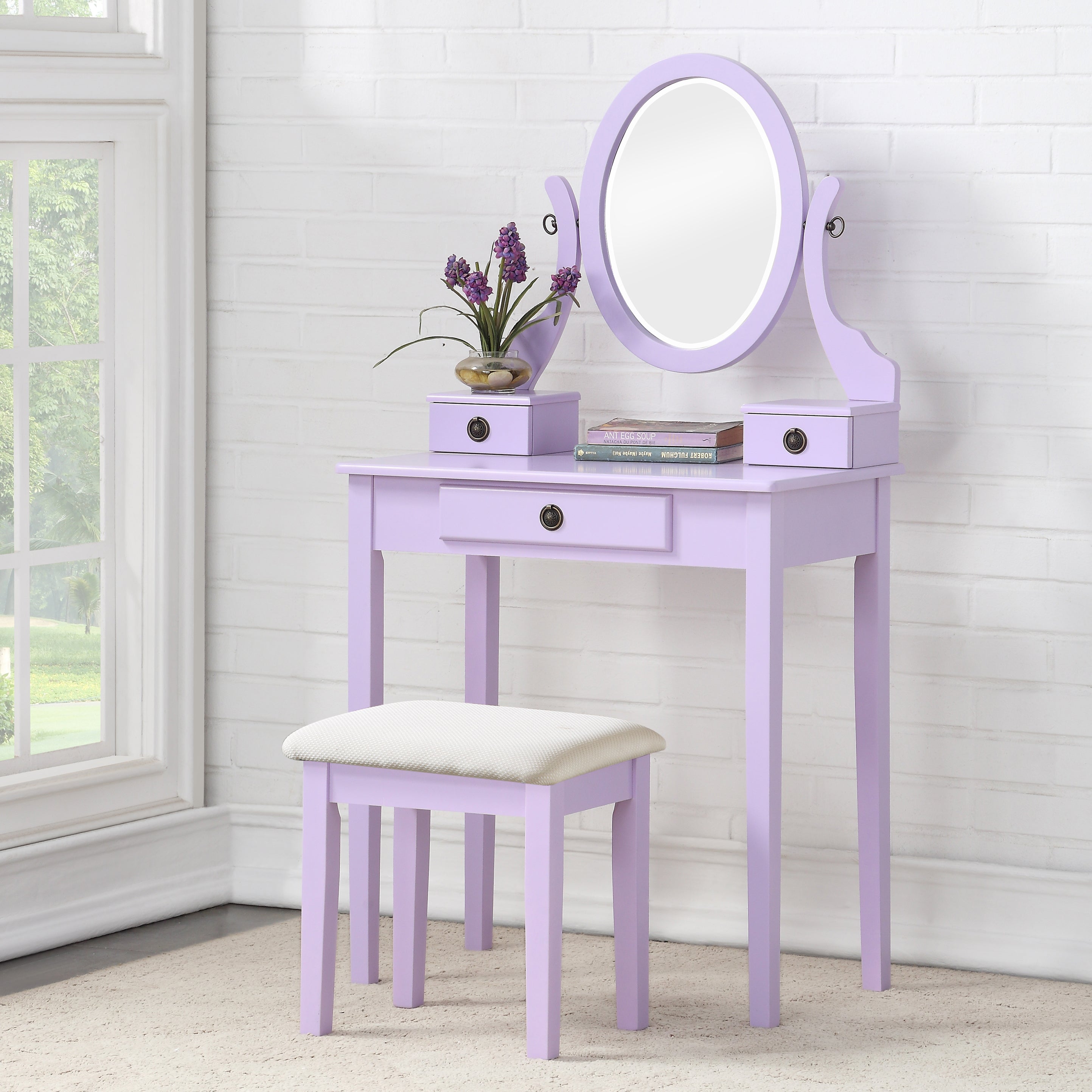 Roundhill Furniture Moniya Wood Makeup Vanity Table with Stool Set - Elegant Purple Dressing Table for Bedroom, Perfect for Makeup Application & Jewelry Storage