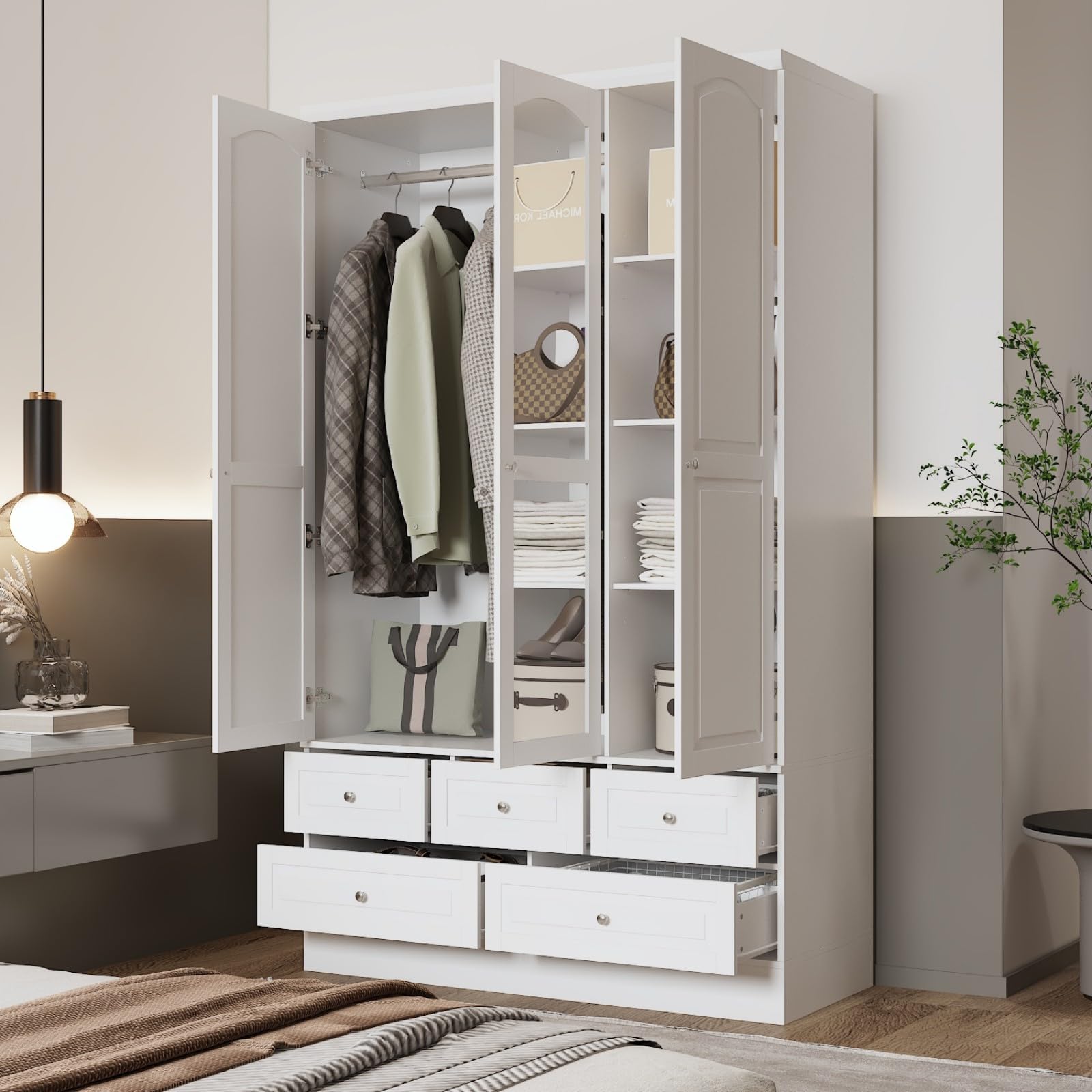 MOUMON White 3 Door Wardrobe Closet with Mirror, 5 Drawers, Hanging Rod & 4 Tier Shelves - Bedroom Storage Cabinet (47.8”W x 19.7”D x 78.7”H) for Clothes, Shoes & Accessories Organization