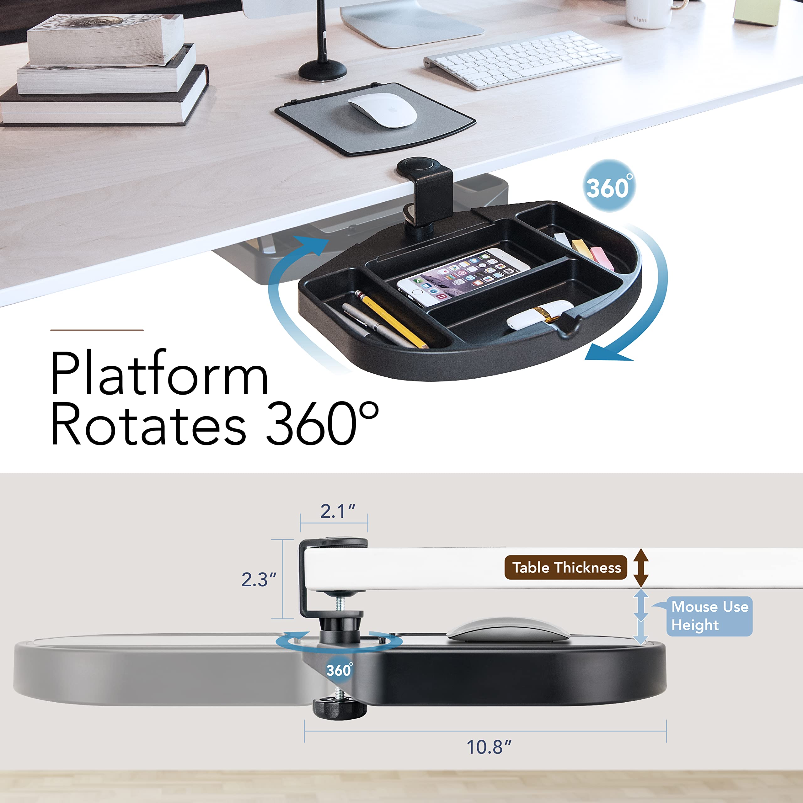EHO Clamp-On Desk Organizer - Multifunctional Under Desk Storage with Pencil Holder, Mouse Pad & Swivel Design | Spill-Proof & Easy Installation | Reduce Clutter for Home Office & Workspace | TAA-Compliant