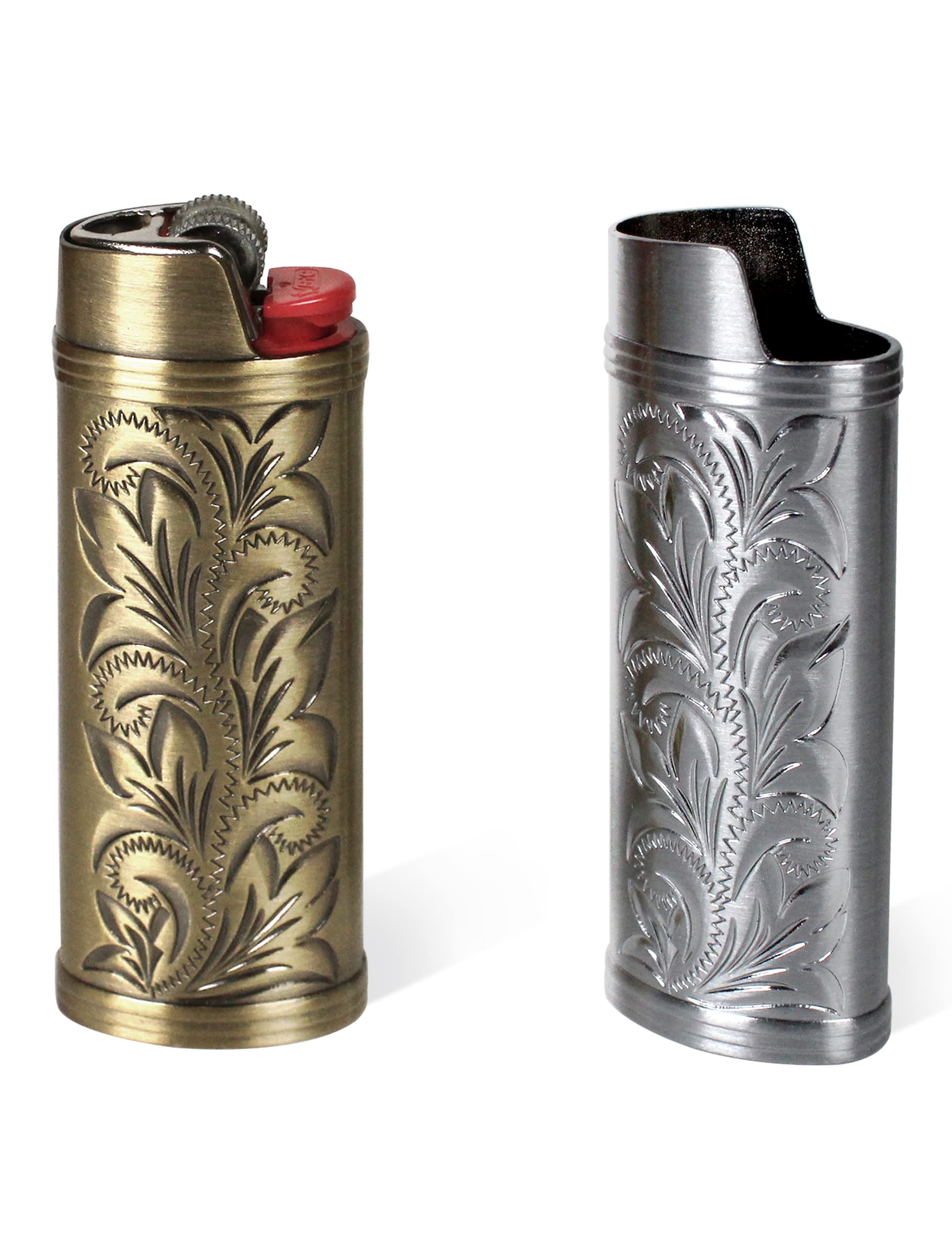 2 Pack Vintage Metal Lighter Case Cover - Floral Engraved Reusable Sleeve for Bic J6 Regular Lighters (Bronze & Silver) | Perfect for Outdoor Camping, BBQ Parties & Everyday Carry