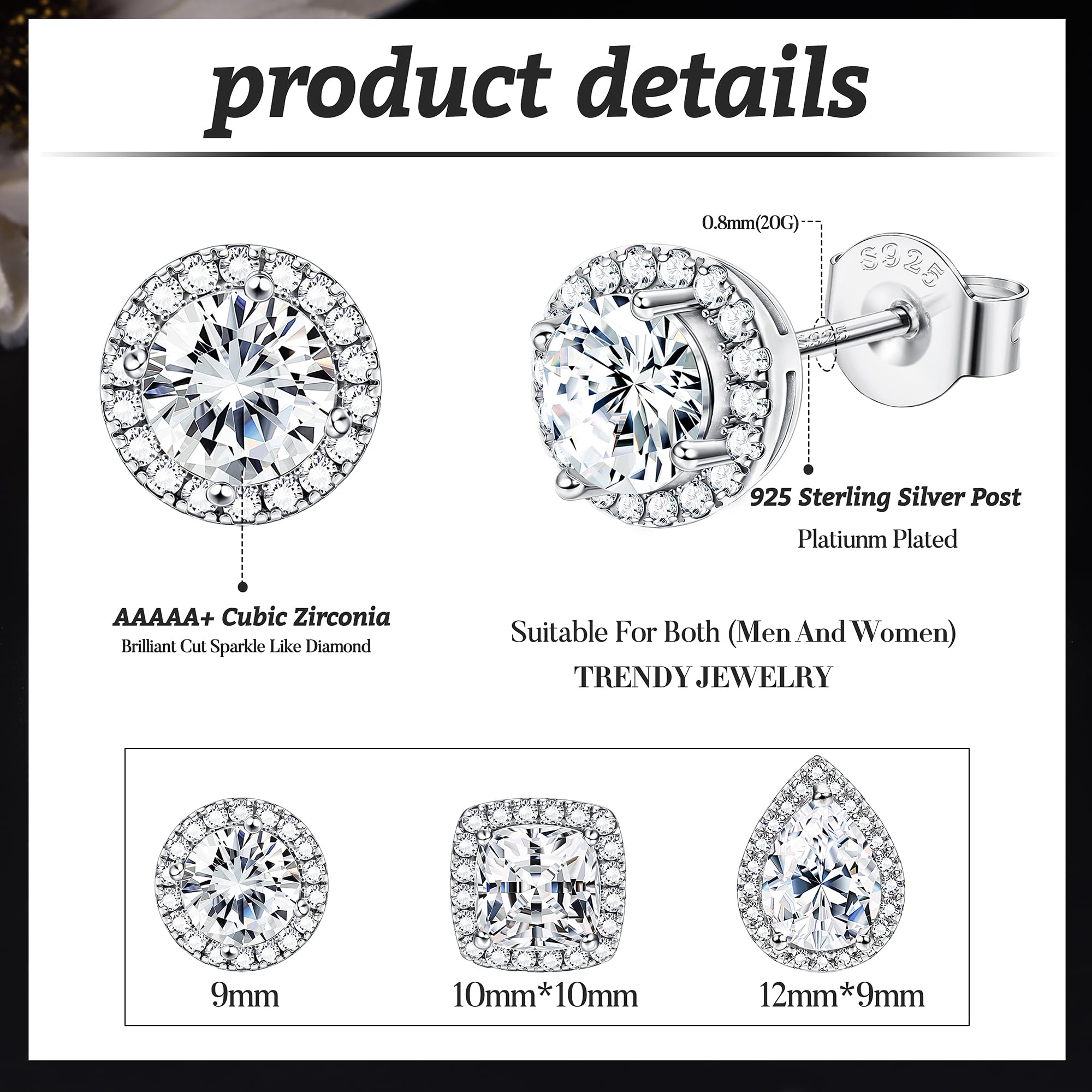 Chriscoco Hypoallergenic Sterling Silver Stud Earrings for Women & Men - Round, Square & Teardrop Cubic Zirconia Halo Studs - Simulated Diamond Earrings for Everyday Wear, Parties & Gifts