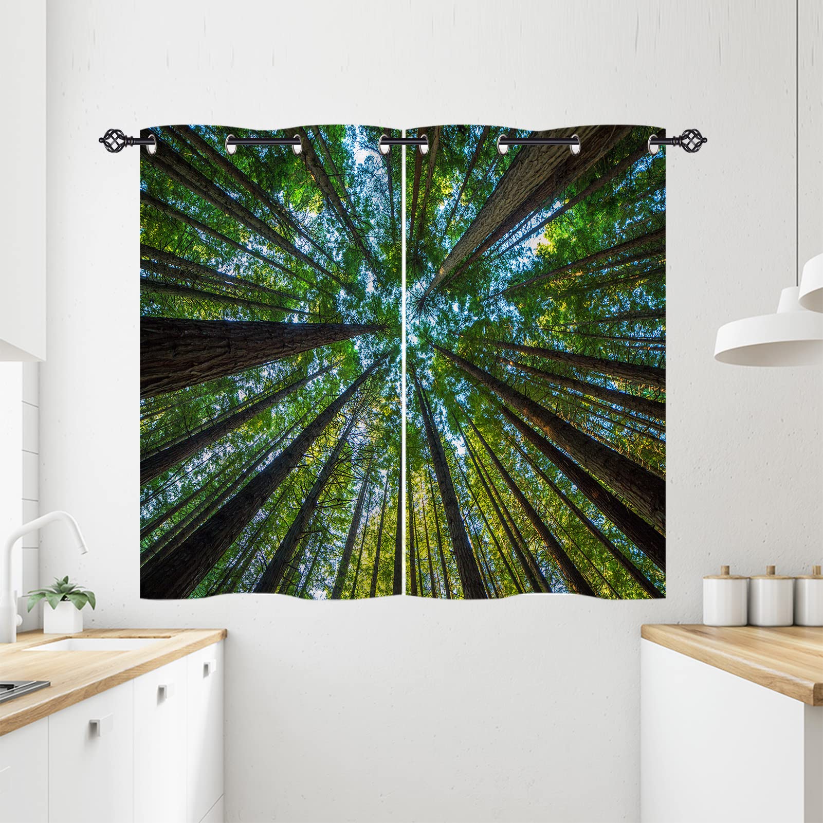 ANHOPE Forest Tree Kitchen Curtains - Waterproof Grommet Window Drapes with Woodland Scenery Print, Nature Landscape Theme Decorative Curtains for Bedroom & Bathroom (2 Panels, 27.5 x 39 Inches) - Perfect for Rustic Cabin, Farmhouse, or Nature-Inspired Home Decor