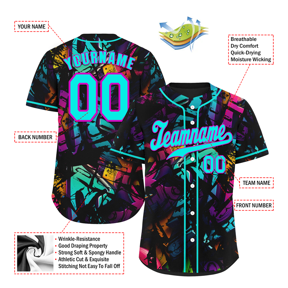 Custom Colorful Graffiti Pattern Aqua Authentic Baseball Jersey - Breathable & Stylish for Sports, Streetwear & Fan Events - Perfect for Baseball Games, Casual Wear & Gift Giving