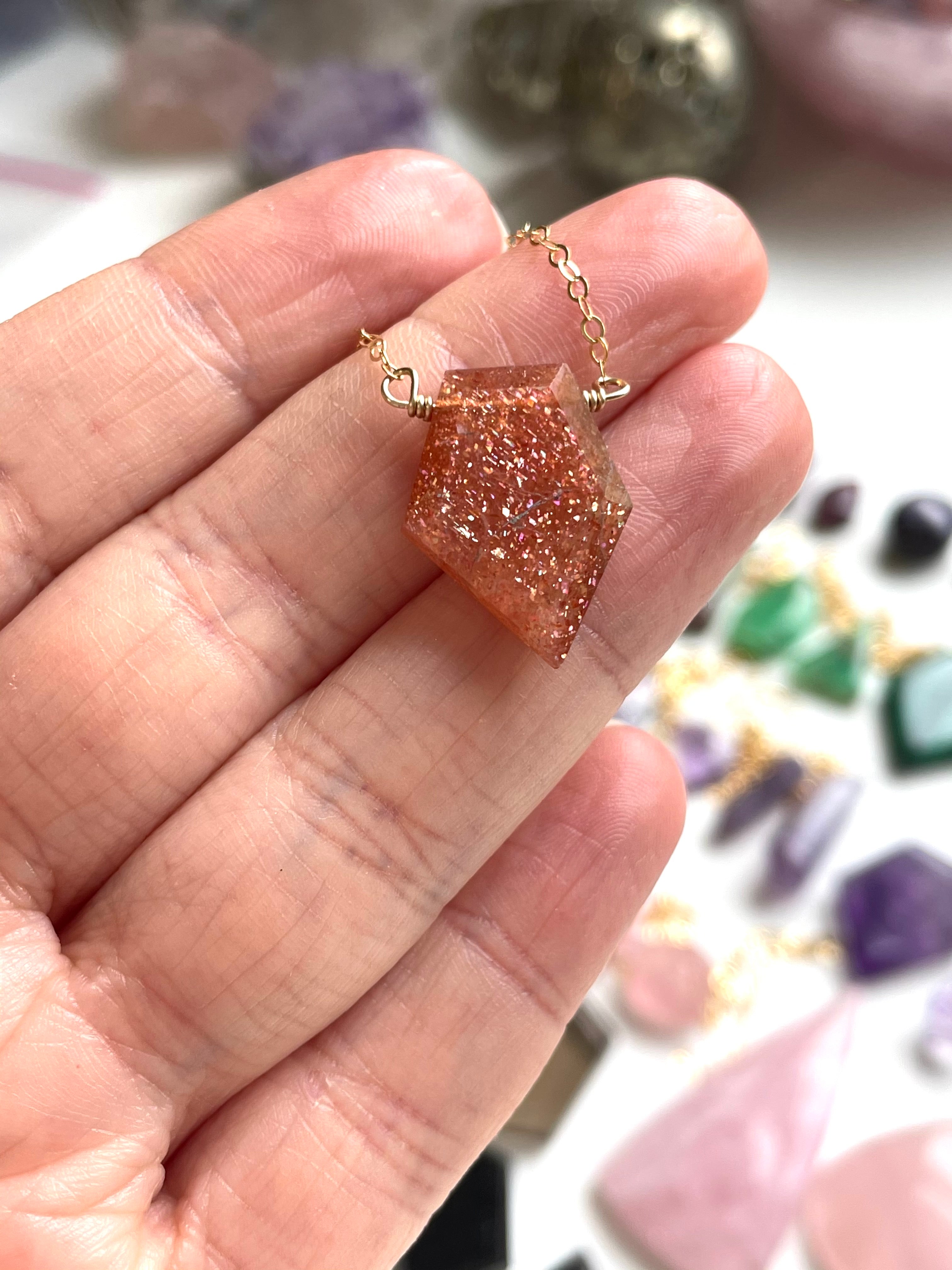 Small Sunstone Shield Necklace – Healing Crystal Jewelry for Protection & Positivity | Spiritual Gift, Energy Balancing, Meditation Accessory