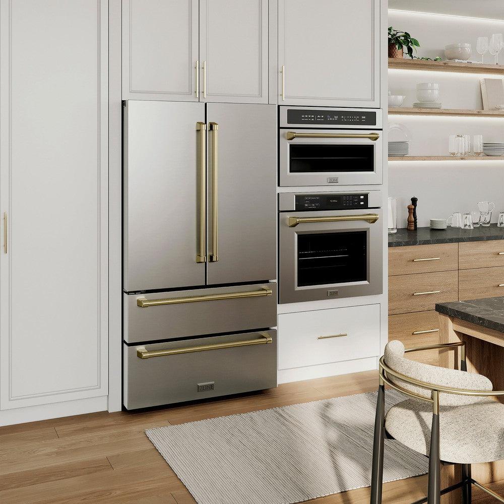 ZLINE Autograph Edition 36 Inch Counter Depth French Door Refrigerator - 22.5 cu ft Stainless Steel with Ice Maker & Champagne Bronze Handles | Fingerprint Resistant | Perfect for Modern Kitchens & Open Concept Homes (RFMZ 36 CB)