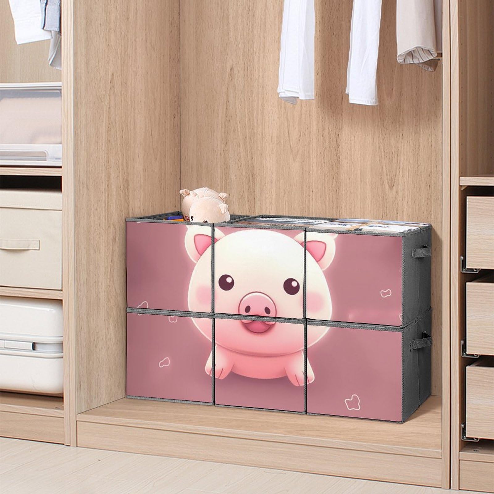 6-Pack Pink Cute Pig Collapsible Storage Bins with Handles - Large Closet Organizer Baskets for Clothing, Toys & Home Organization | Perfect for Bedroom, Nursery & Kids Room Storage Solutions